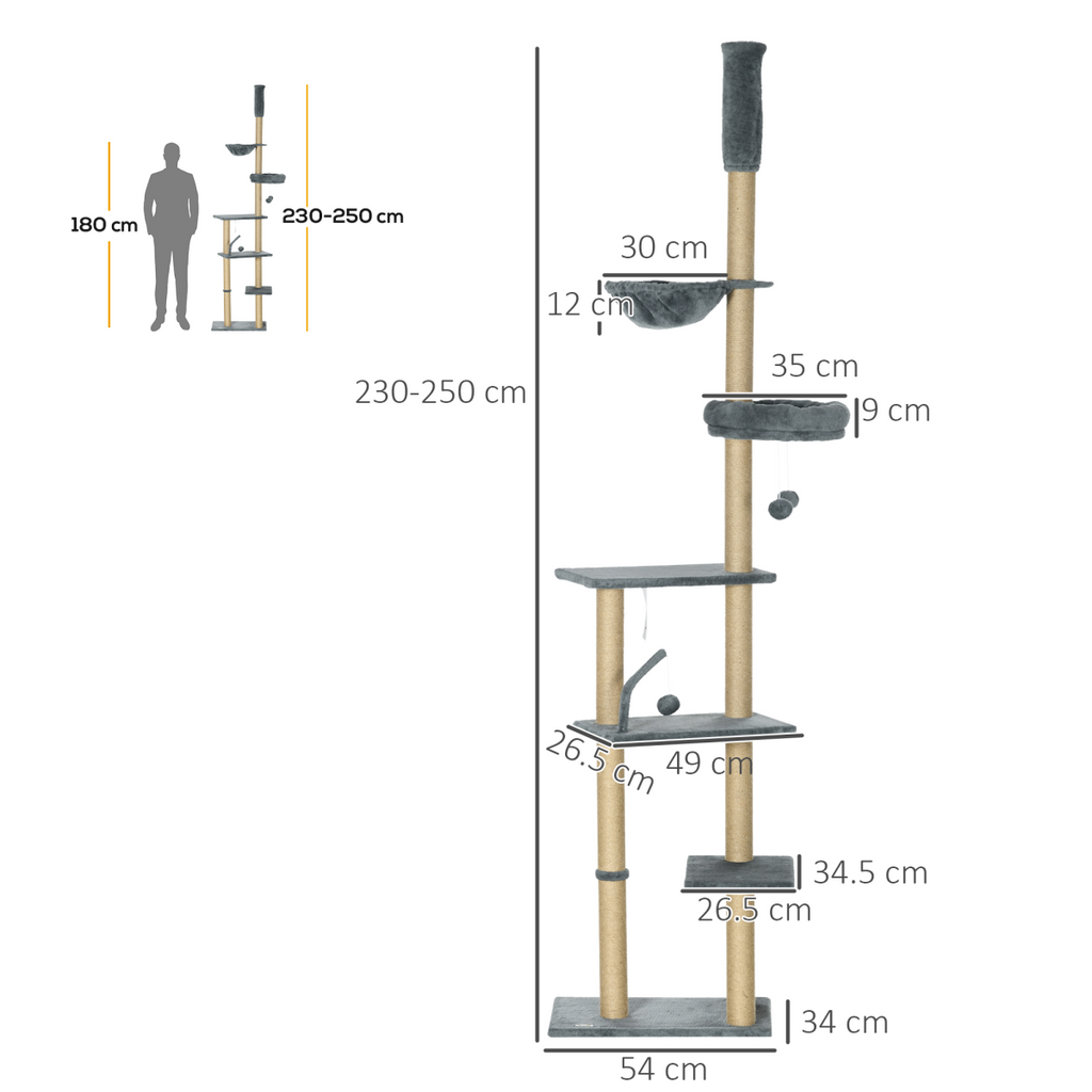 6-Tier Floor to Ceiling Cat Tree with Scratching Post, Bed, Hammock, Grey