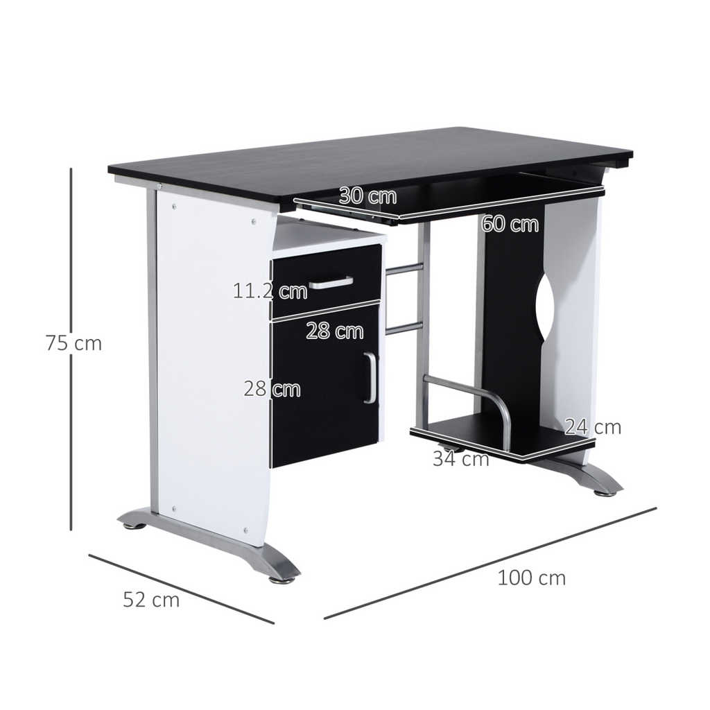 Black wooden Computer Desk with keyboard shelf and drawers, showcasing a sleek work surface and ample storage space.