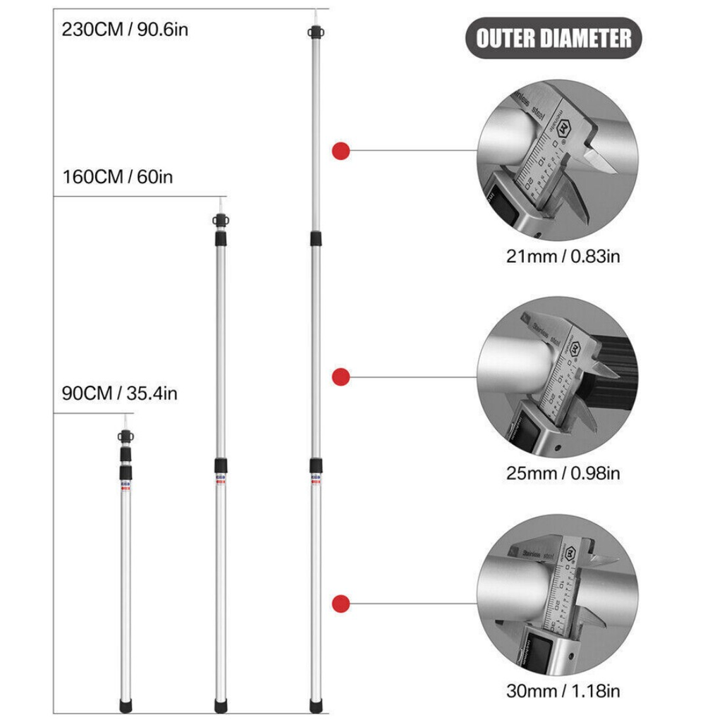2x 230cm Tent Poles Telescopic Adjustable Awning Canopy Tarp Pole Support Rod UK