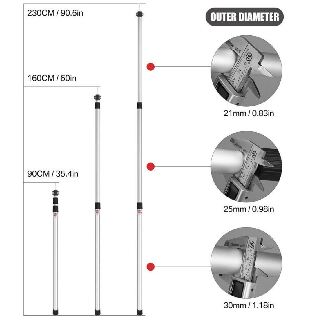 2x 230cm Tent Poles Telescopic Adjustable Awning Canopy Tarp Pole Support Rod UK