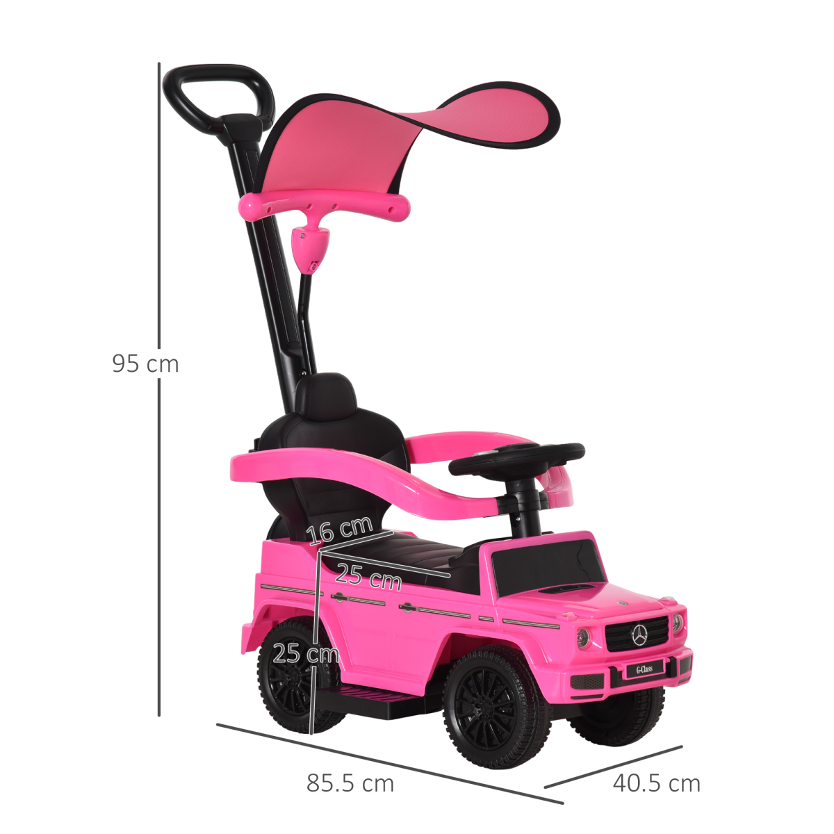 Licensed pink Mercedes Benz G350 ride-on push car with sun canopy for toddlers aged 12-36 months by FunZone.