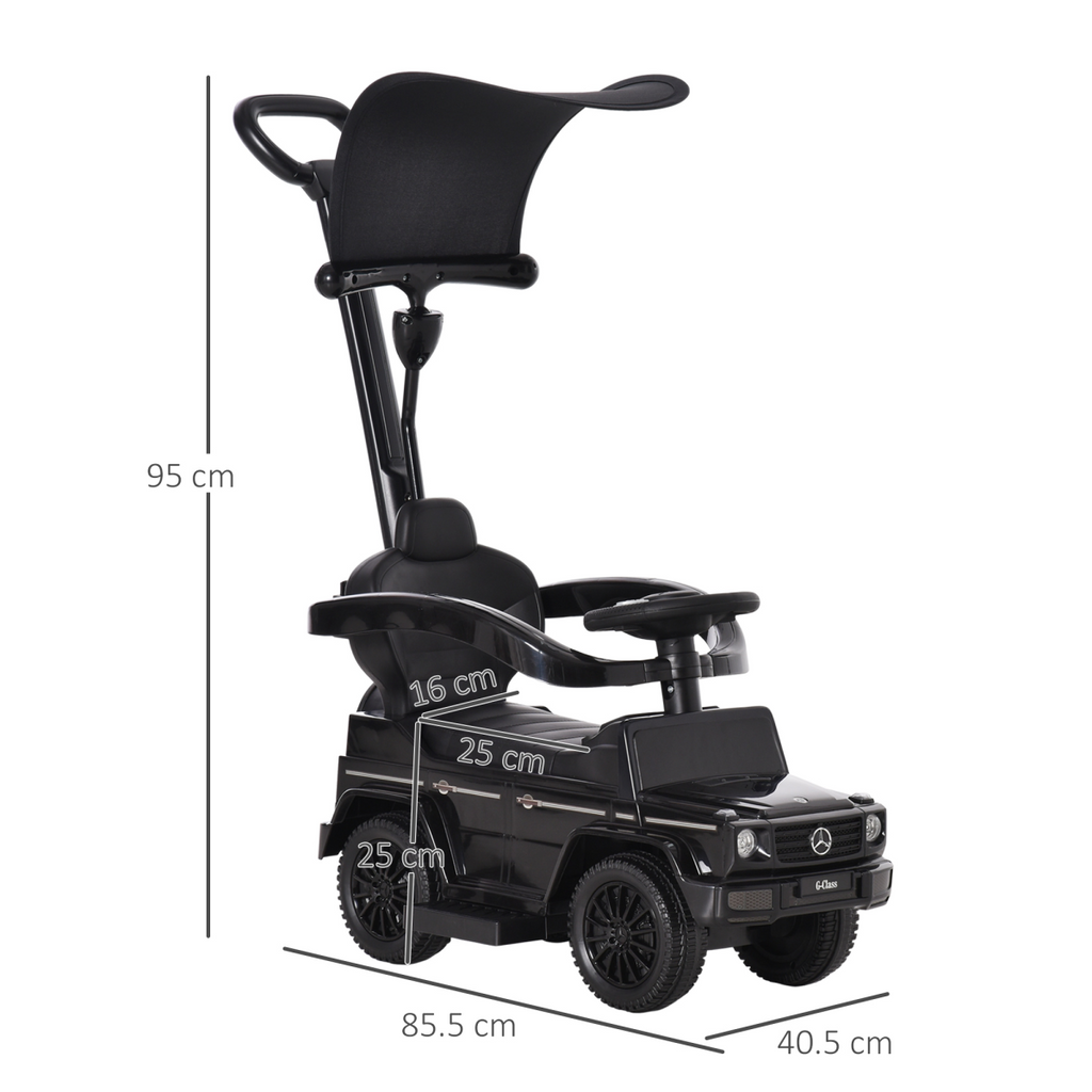 Black Mercedes Benz G350 ride-on push car with sun canopy for toddlers aged 12-36 months, designed by FunZone.