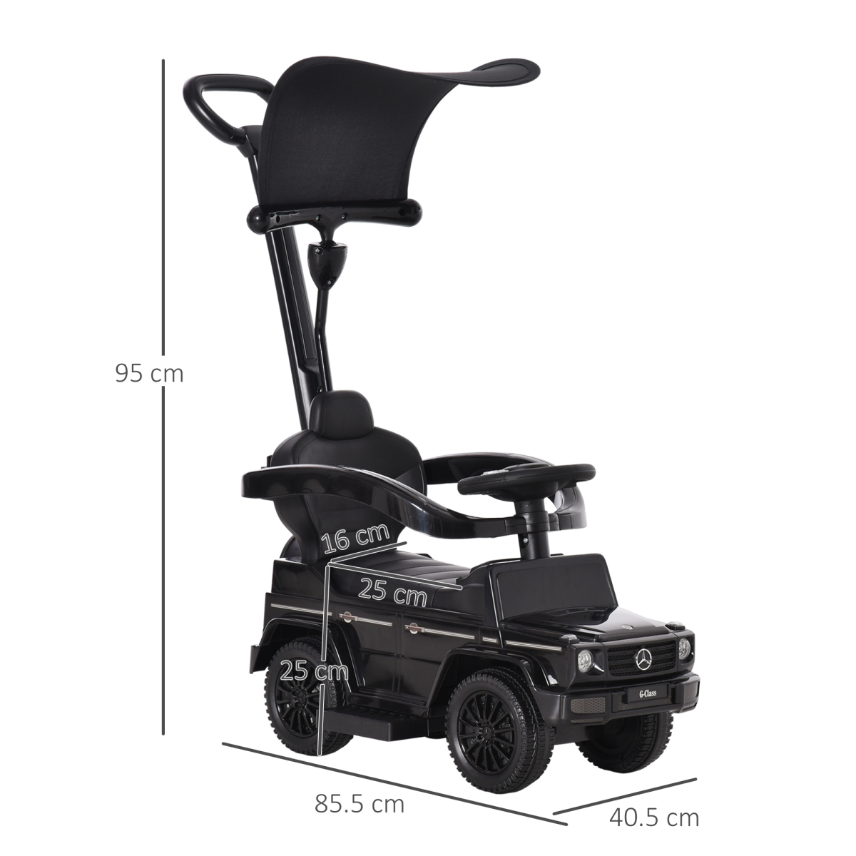 Black Mercedes Benz G350 ride-on push car with sun canopy for toddlers aged 12-36 months, designed by FunZone.