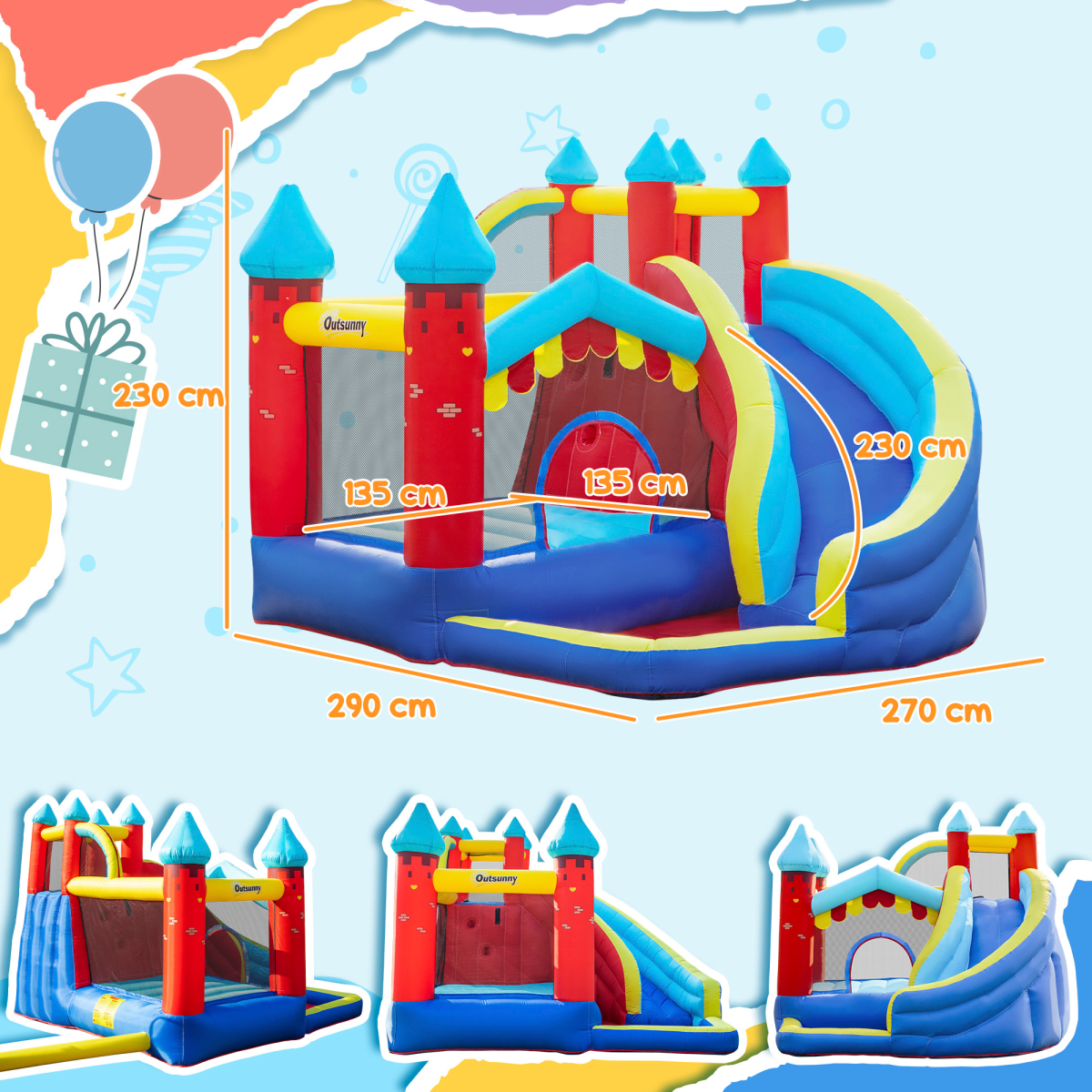 Kids bouncy castle with slide, pool, trampoline, and climbing wall, featuring bright colors and fun design by FunZone.