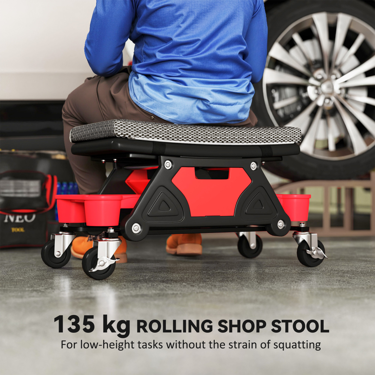 Rolling Mechanic Stool with Storage - 135kg Capacity - Black