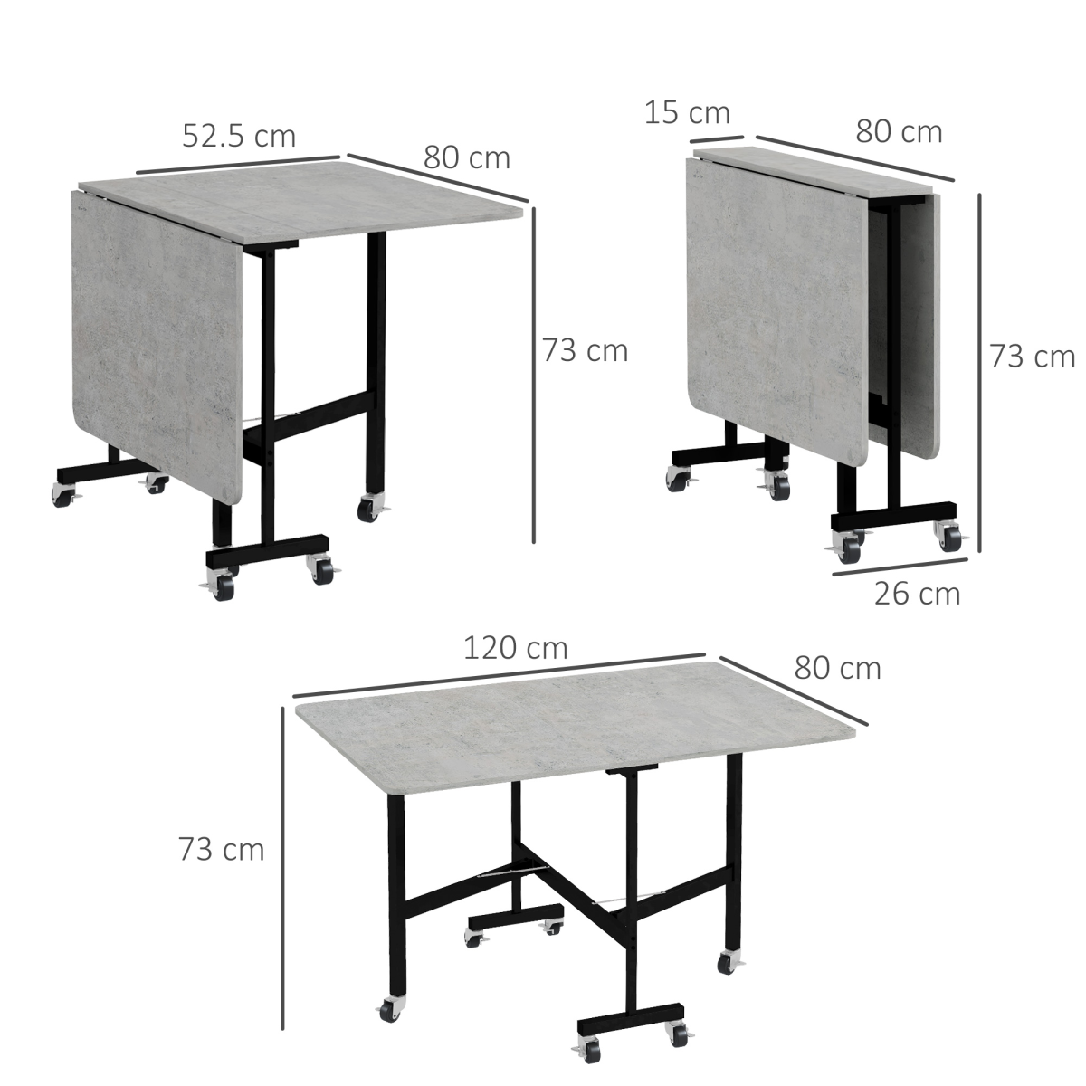 Grey folding Drop Leaf Table on wheels by HOMCOM, designed for small spaces, showcasing its compact and versatile design.