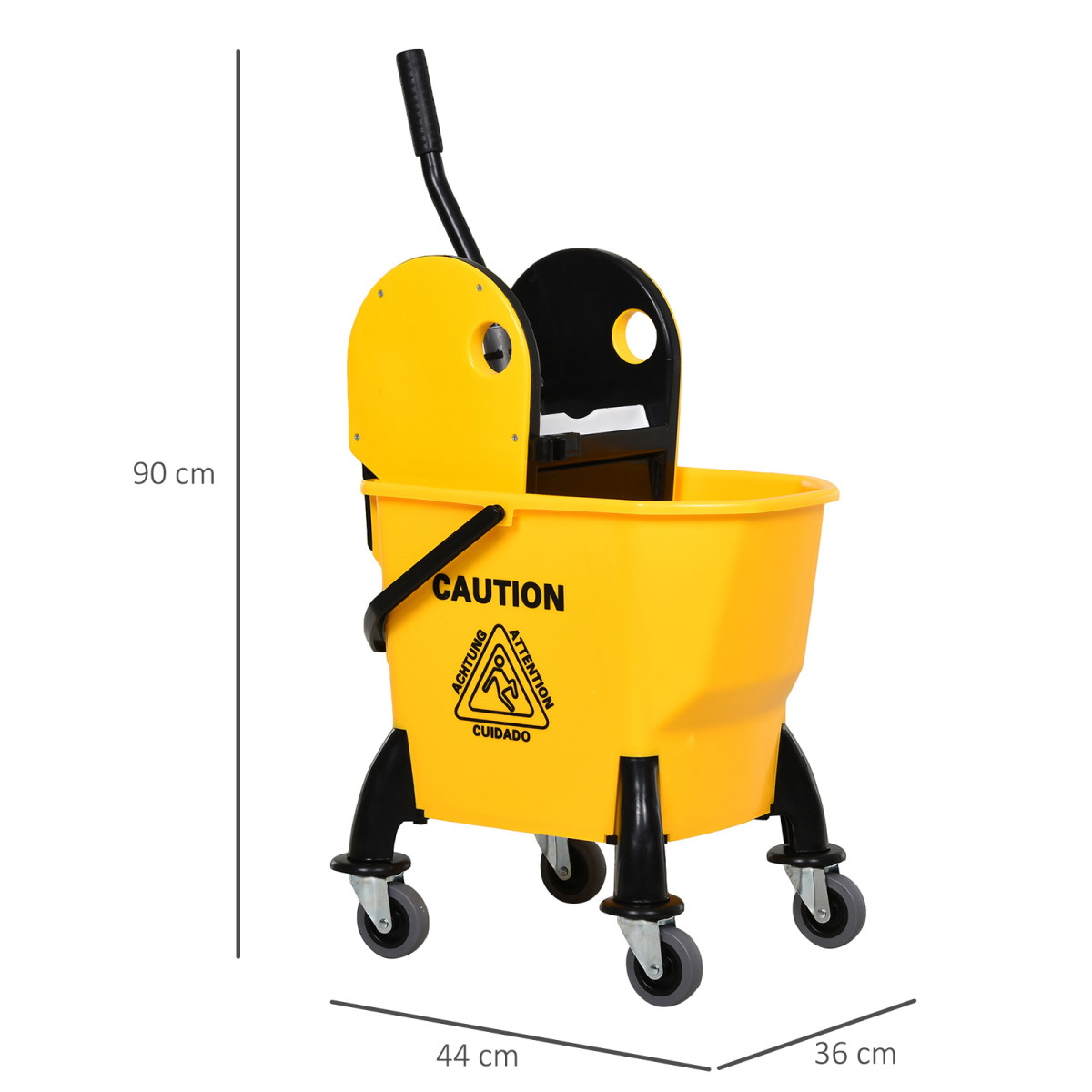 Yellow 26L mop bucket with water wringer and four wheels, featuring a durable plastic body by HOMCOM.