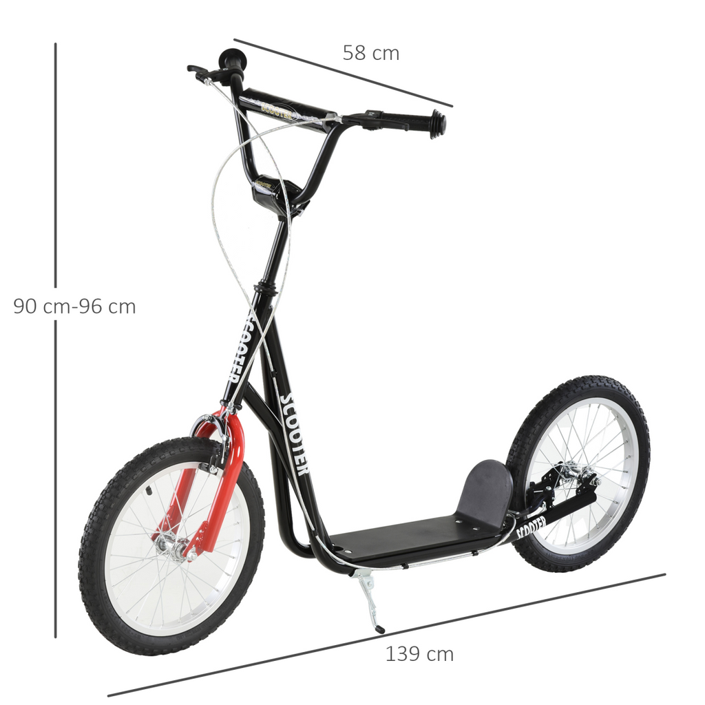 Kids black kick scooter with adjustable handlebar and inflatable wheels, suitable for ages 5 and up.
