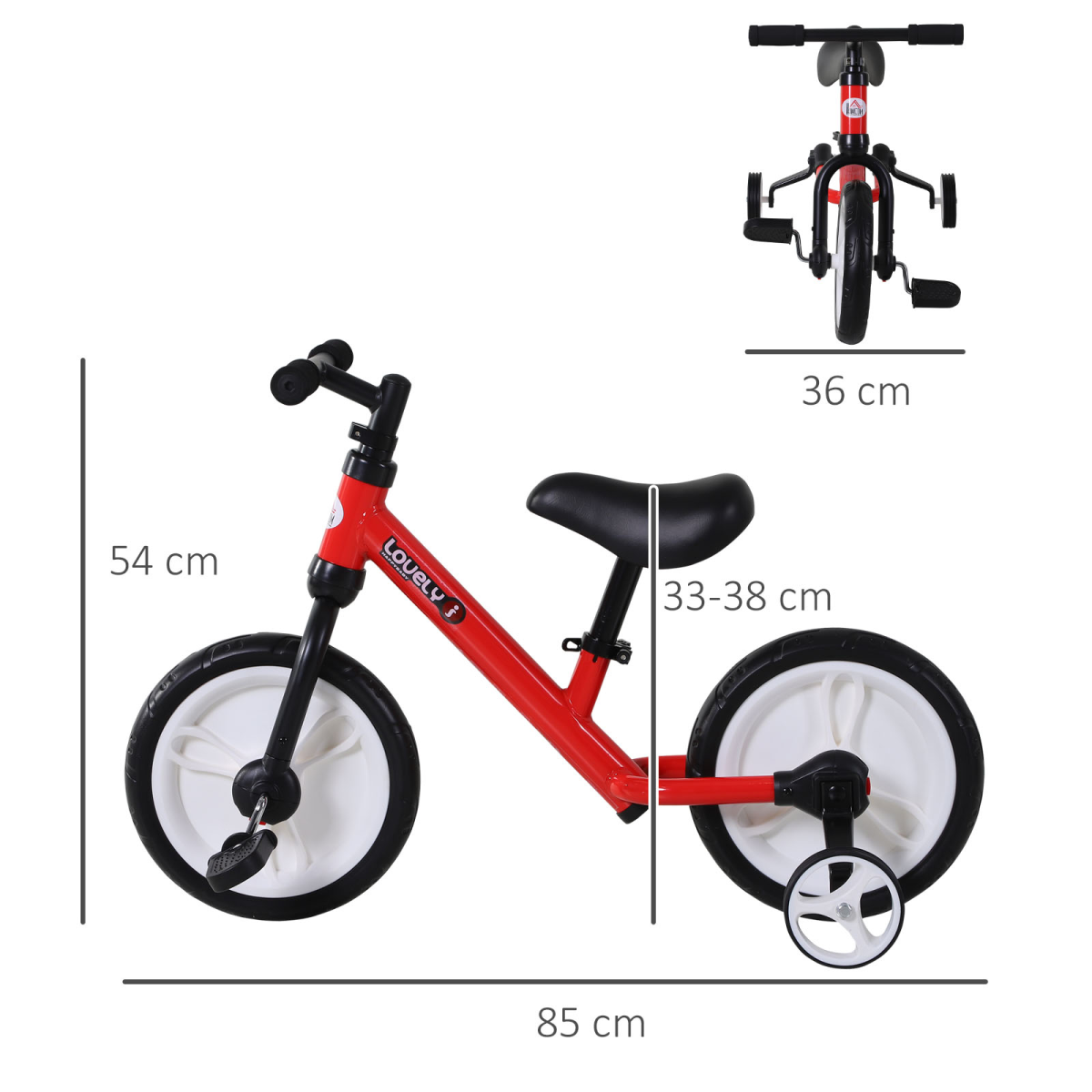Red 2-in-1 Kids Balance Bike and Tricycle with Stabilizers for ages 2-5, designed for fun and stability.