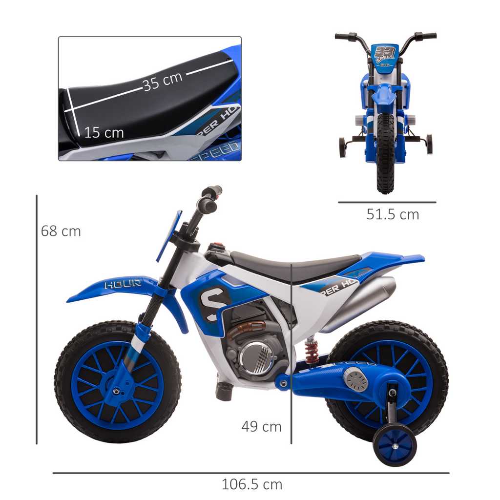 Blue HOMCOM 12V kids electric motorbike with training wheels, designed for fun and safe riding experiences.