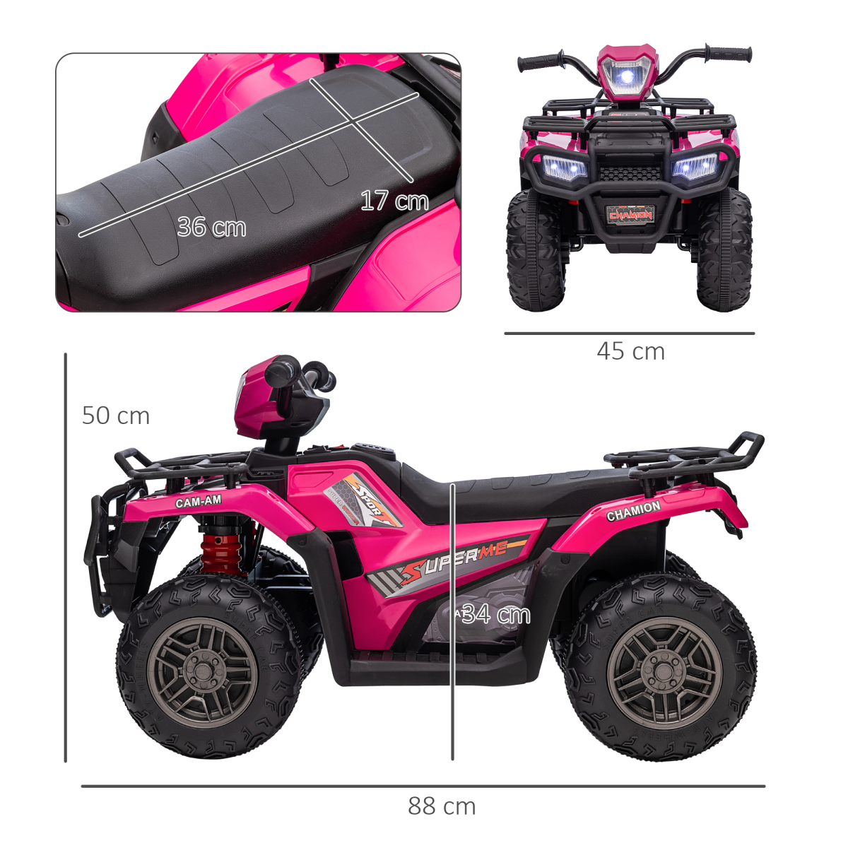 Pink 12V Electric Quad Bike for kids by HOMCOM with LED headlights and music, designed for ages 3-5.