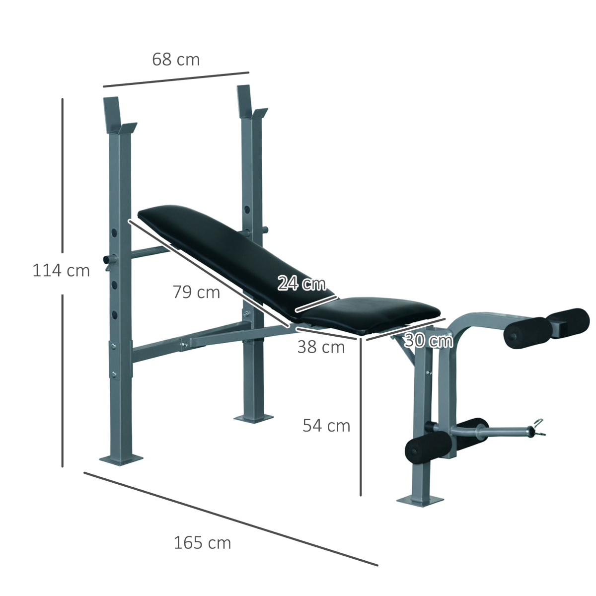 Adjustable Multi Gym Weight Bench with Barbell Stand for chest, leg, and abs training in a home gym setting.