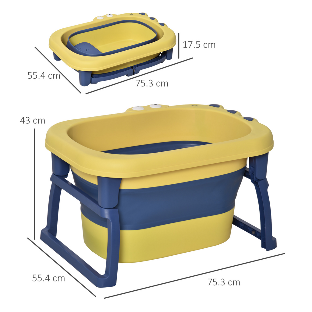 Yellow foldable baby bathtub for newborns and toddlers with stool, designed by HOMCOM for easy storage and use.