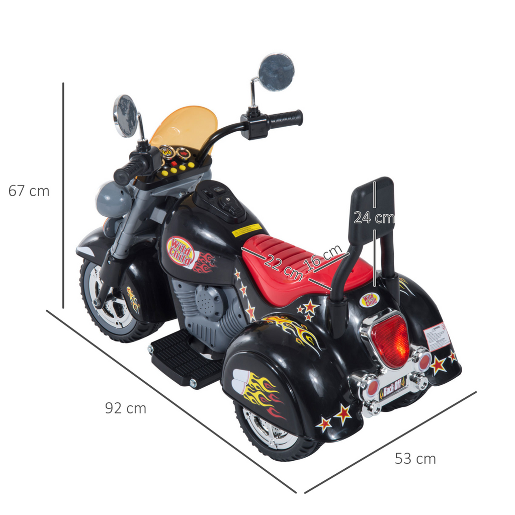 Black 6V electric motorbike for kids, 3-wheel design with lights and sound, suitable for ages 3-6.