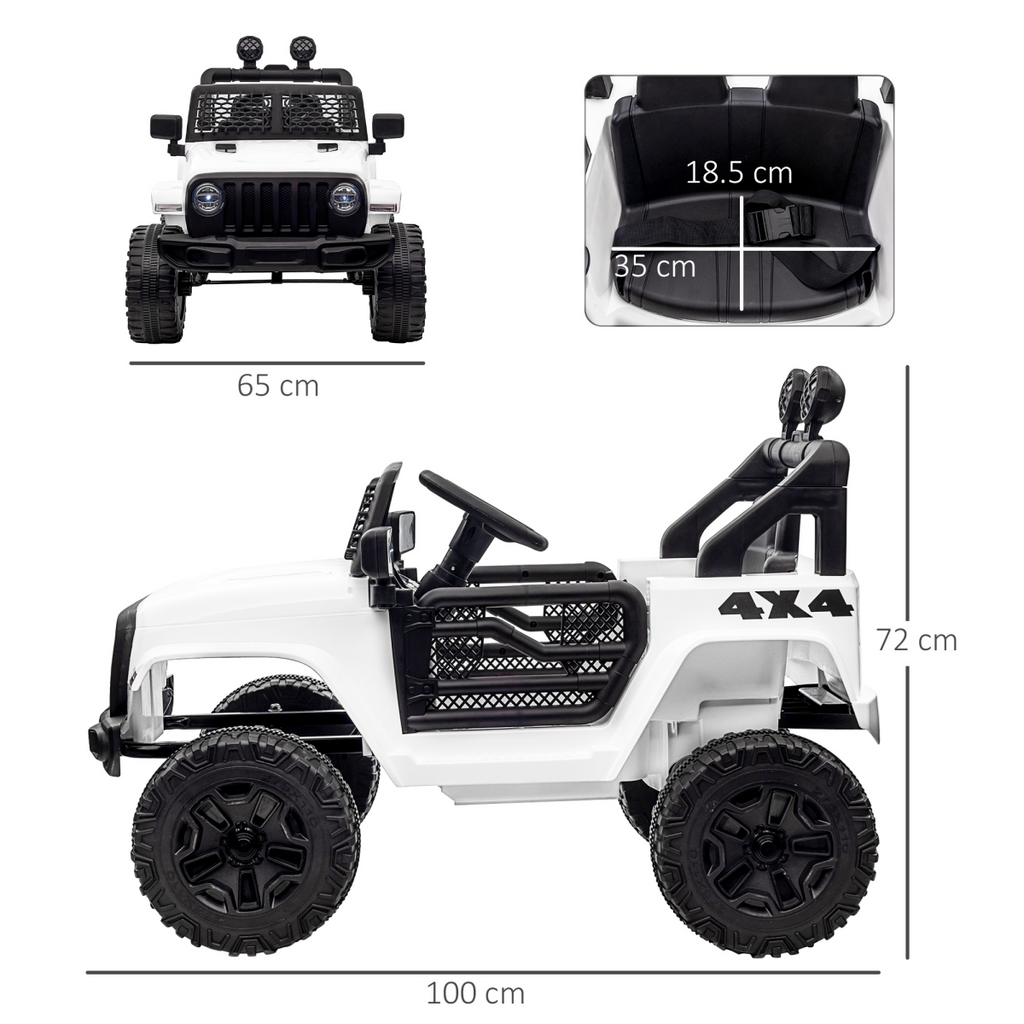 White 12V Kids Electric Ride-On Truck with remote control, off-road SUV designed for ages 3-6, parked outdoors.