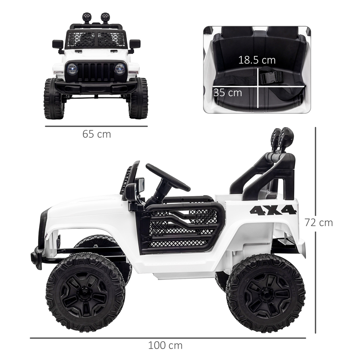 White 12V Kids Electric Ride-On Truck with remote control, off-road SUV designed for ages 3-6, parked outdoors.