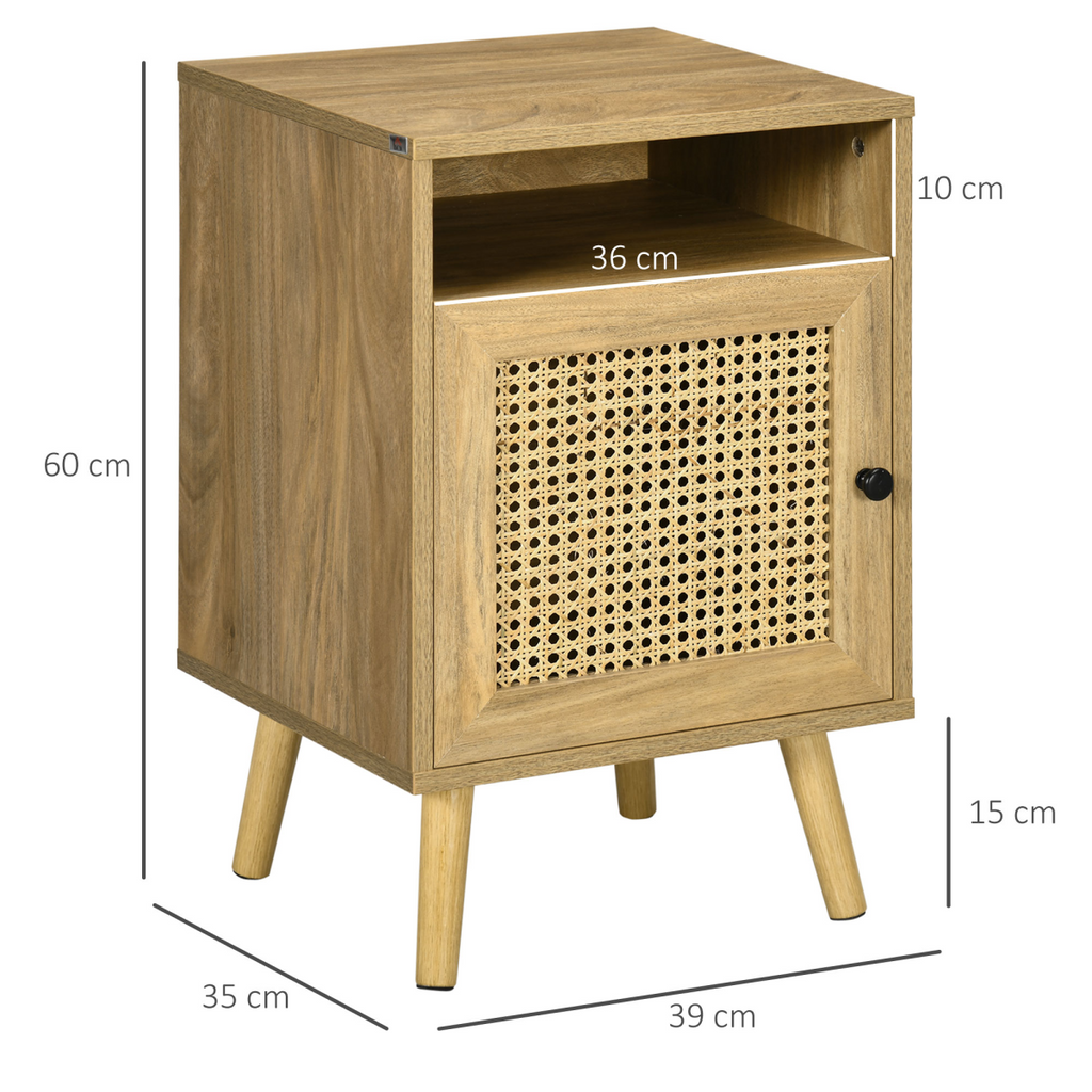 HOMCOM rattan nightstand with cabinet and shelf, featuring a natural wood finish, ideal for bedside storage.
