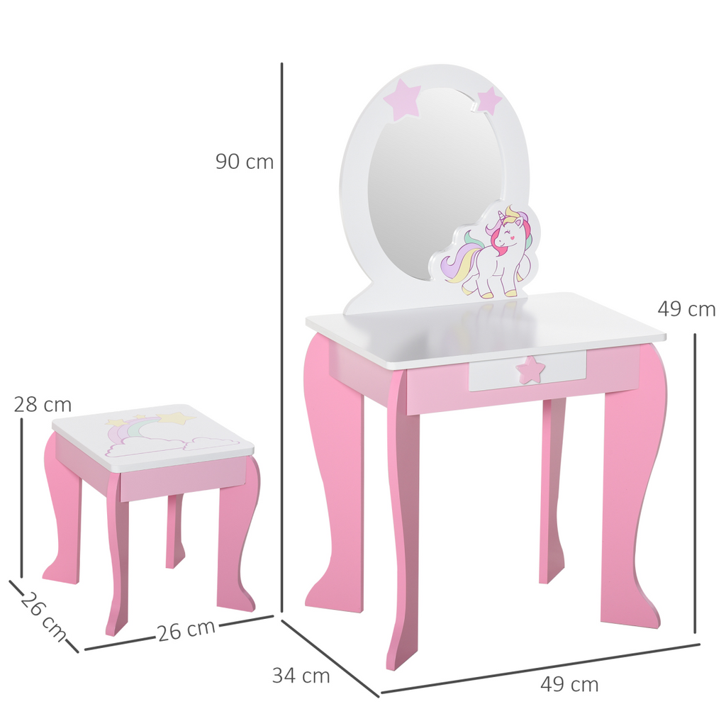 Kids dressing table set by HOMCOM featuring a unicorn design, mirror, and stool for fun playtime.