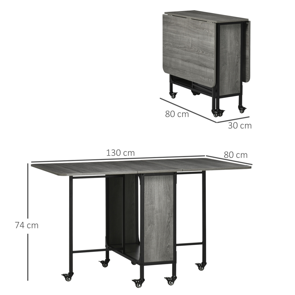 HOMCOM mobile drop leaf extendable dining table with wheels, seats 6, showcasing a stylish design in a modern home setting.