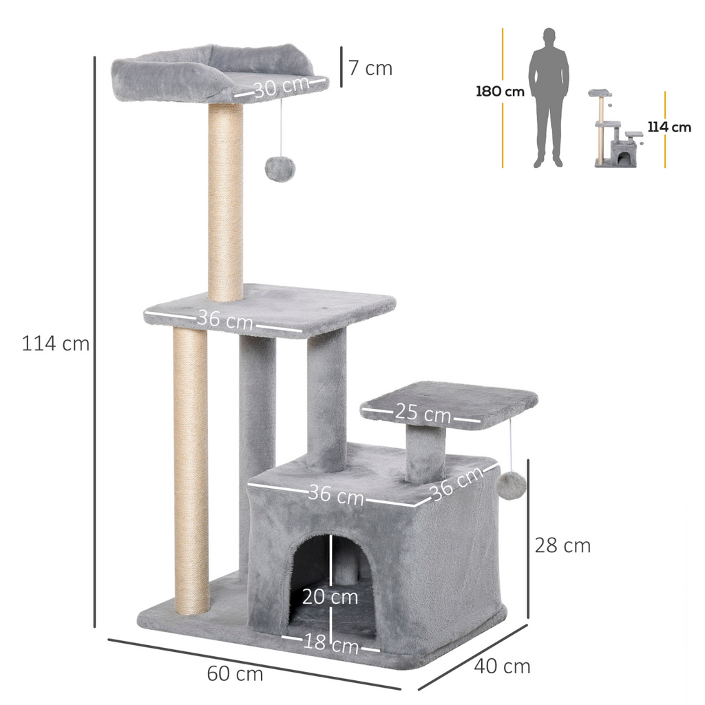 Pawhut cat tree tower with scratching posts, hanging ball, and condo, measuring 60x40x114cm, in a cozy living space.