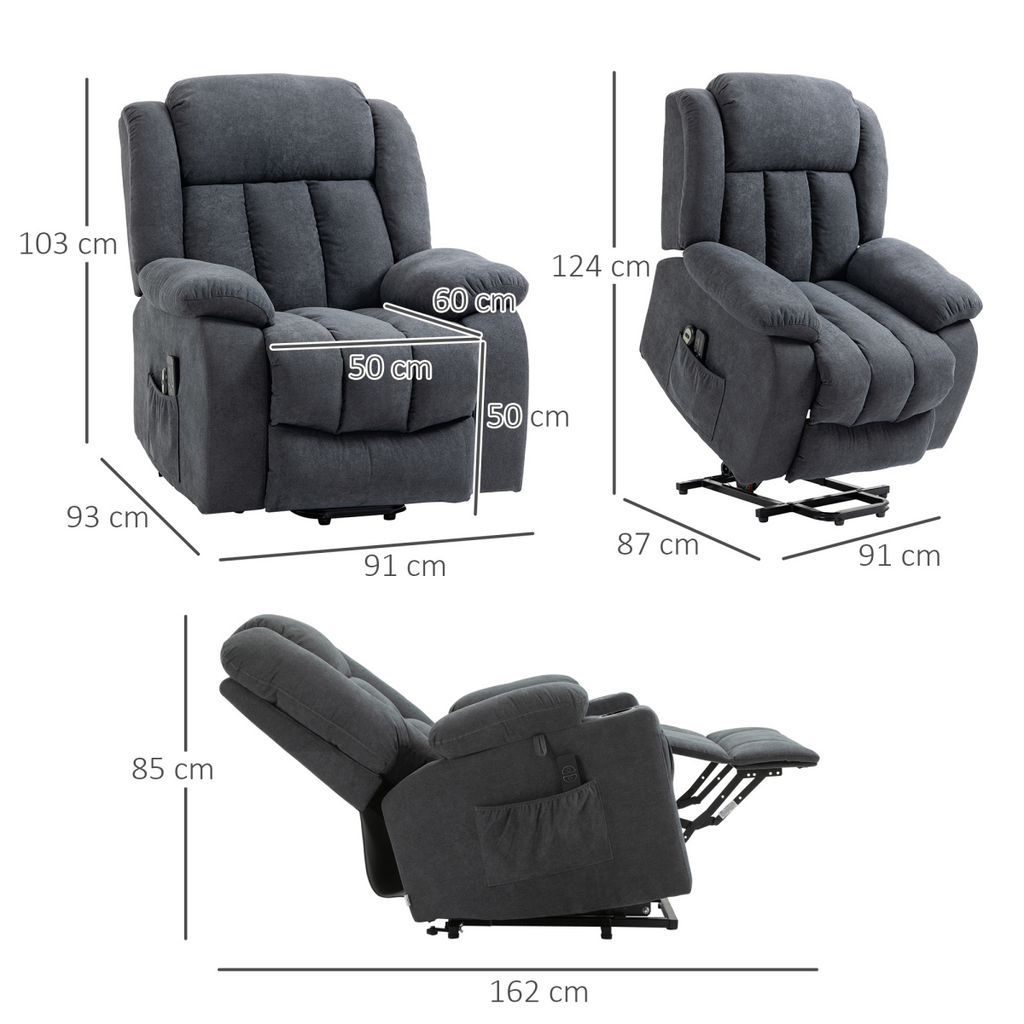 HOMCOM heavy-duty riser and recliner chair in dark grey with massage features, designed for elderly comfort and support.