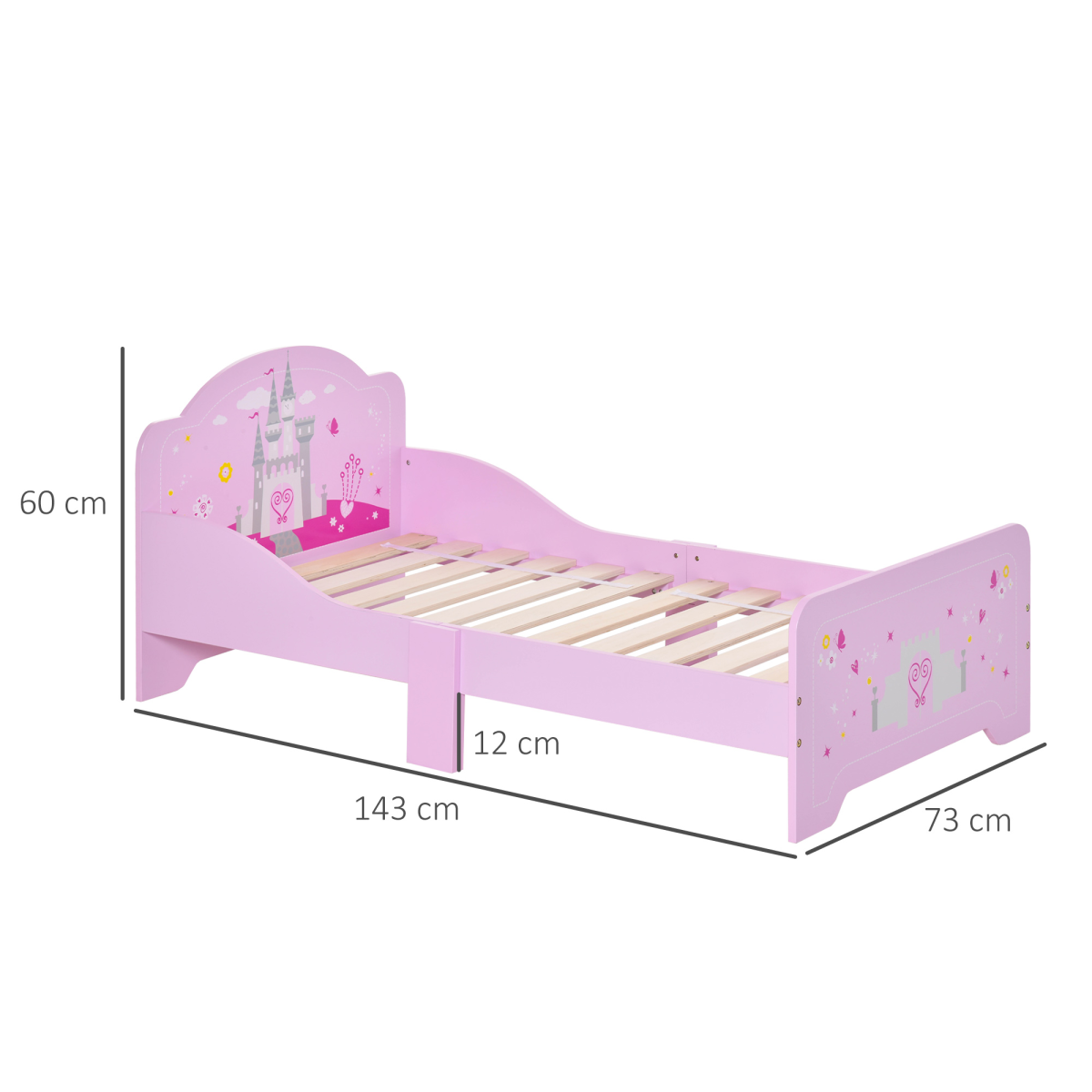 HOMCOM pink kids bed with princess castle theme, side rails, and slats for ages 3-6 years, featuring whimsical design.