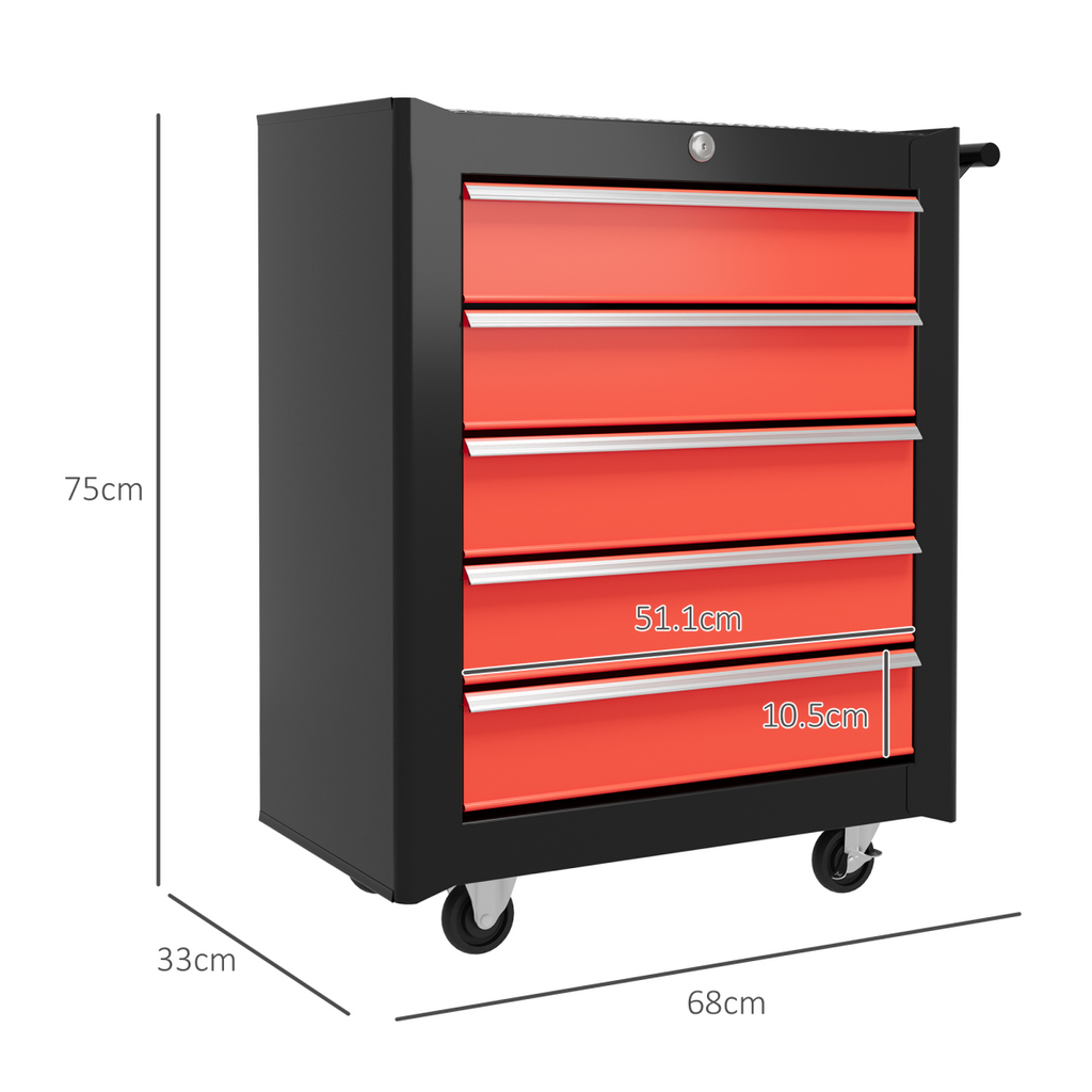 Red 5-drawer rolling tool chest by HOMCOM, featuring a lockable steel cabinet and wheels for easy mobility.