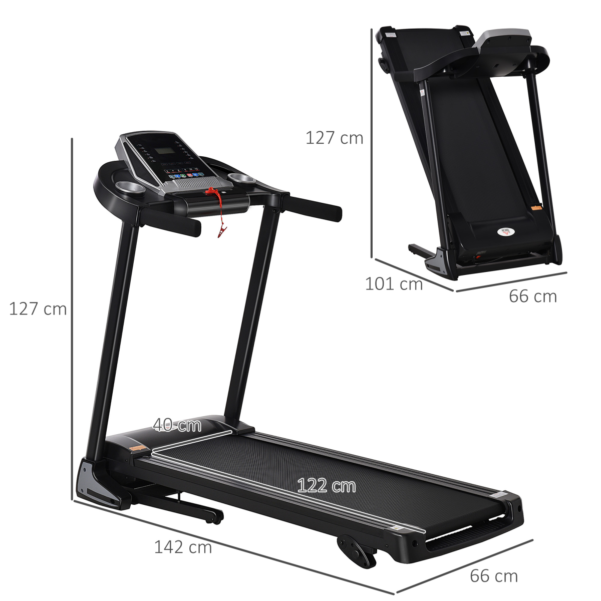Folding electric treadmill with incline, LED display, and ActiveGear branding, showcasing a sleek design for running workouts.
