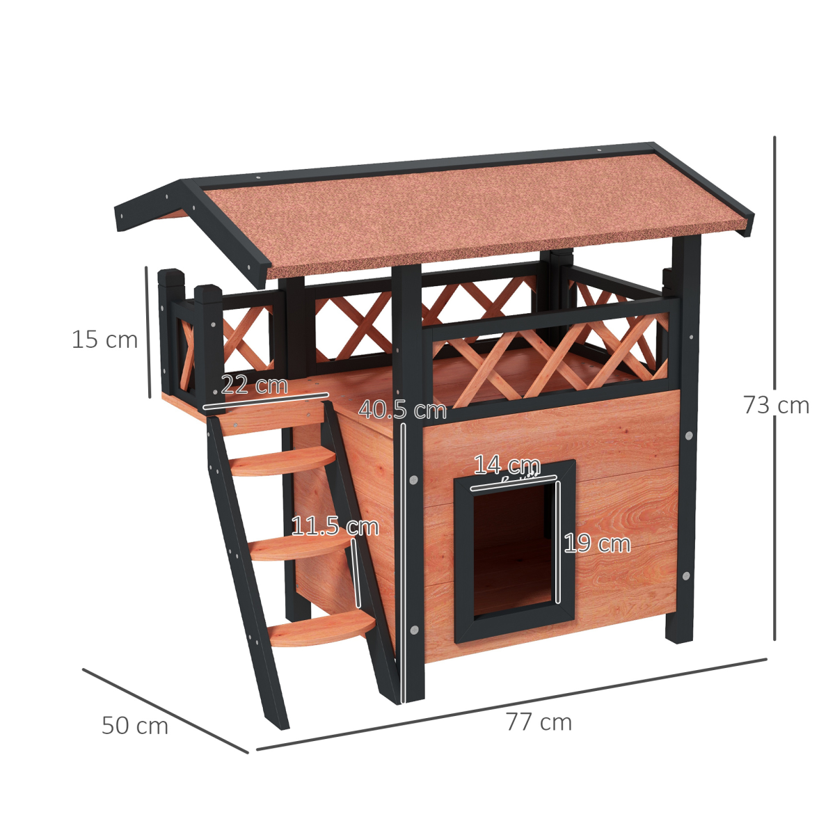 Brown PawHut outdoor cat house featuring balcony, stairs, and a roof, designed for outdoor pet comfort.