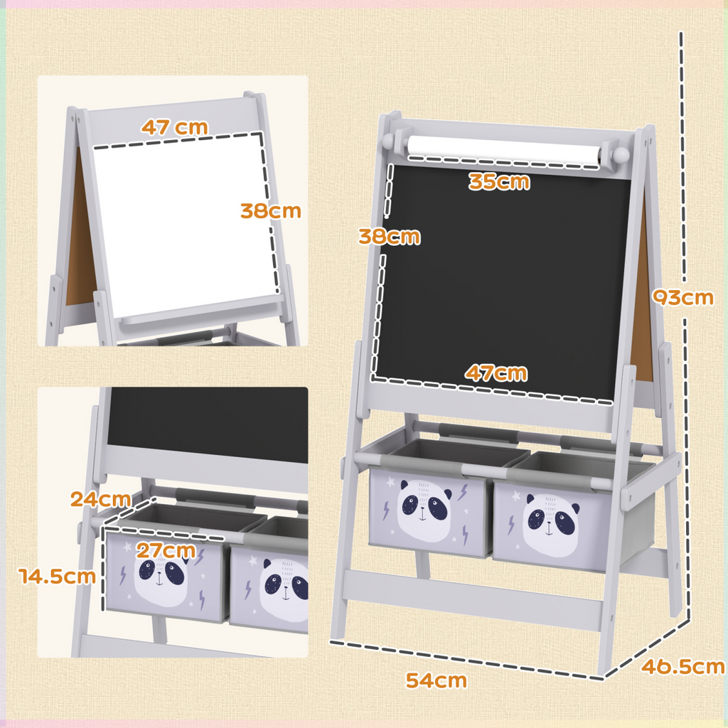 AIYAPLAY Kids Easel with paper roll, blackboard, and whiteboard in grey, featuring storage for art supplies.