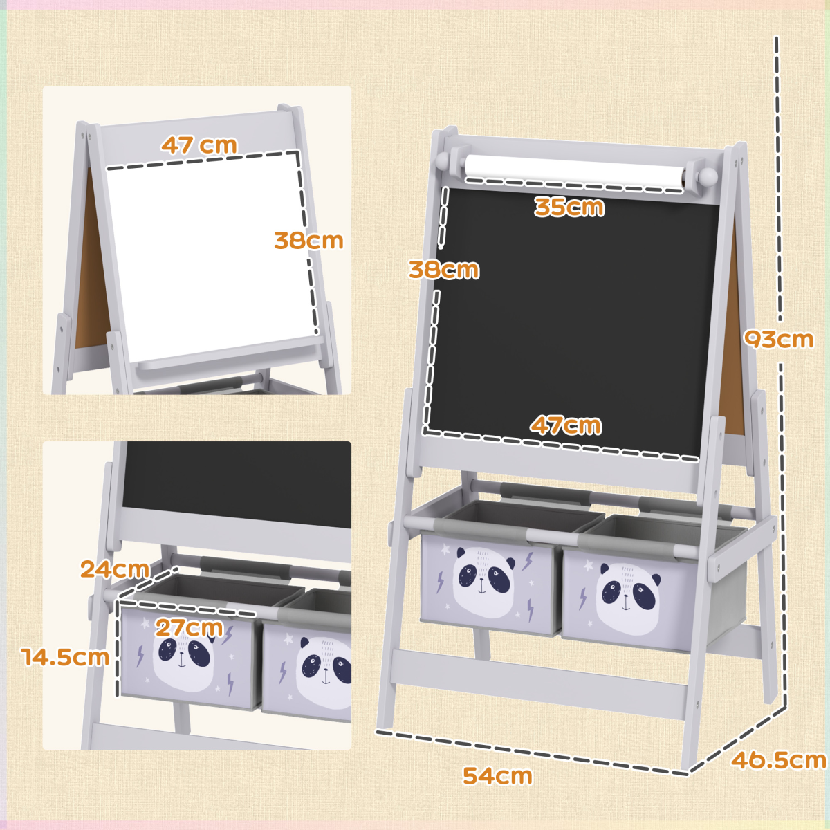 AIYAPLAY Kids Easel with paper roll, blackboard, and whiteboard in grey, featuring storage for art supplies.