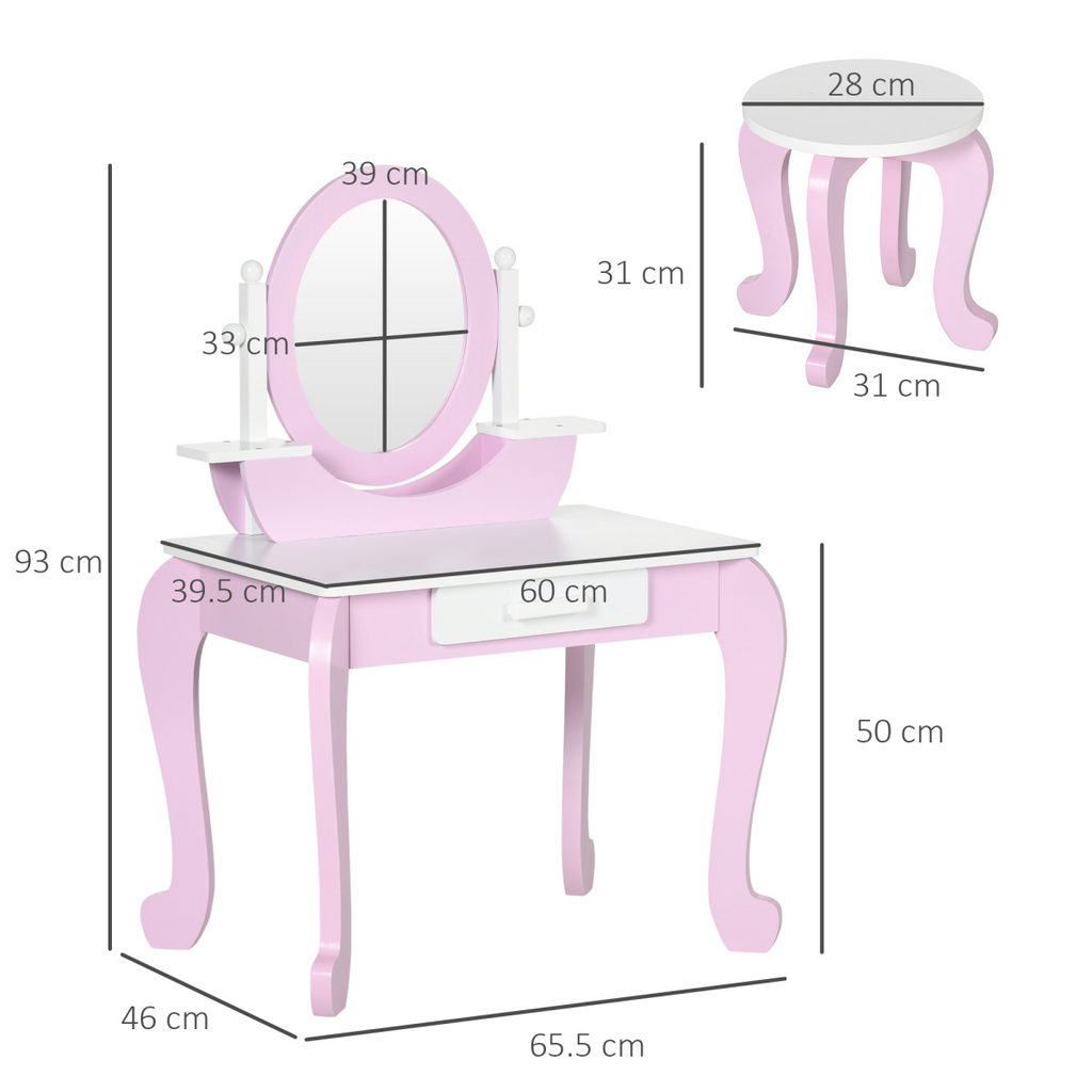 Kids pink dressing table with mirror and stool, featuring a drawer, by ZONEKIZ, designed for ages 3-6.