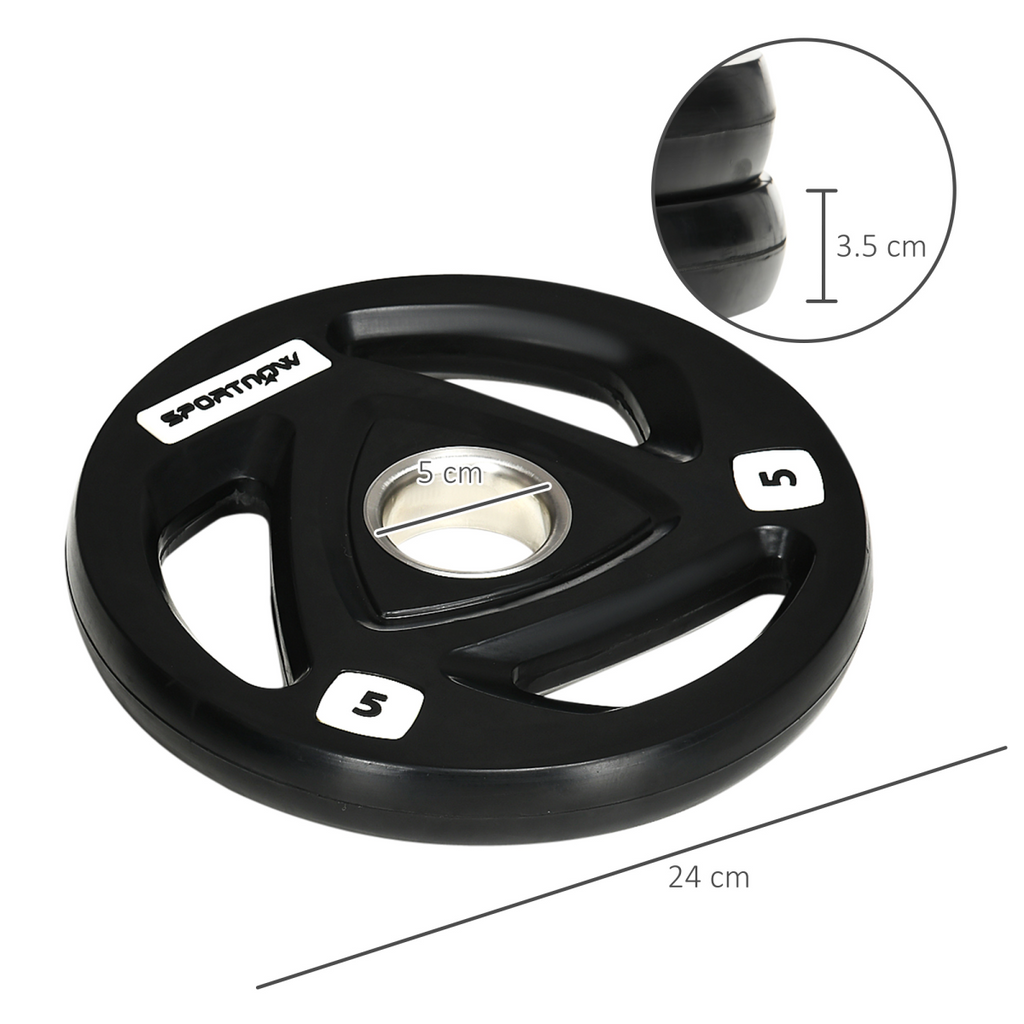 Tri-grip Olympic weight plates set with 2" holes, two 5kg weights for barbell training, by ActiveGear.