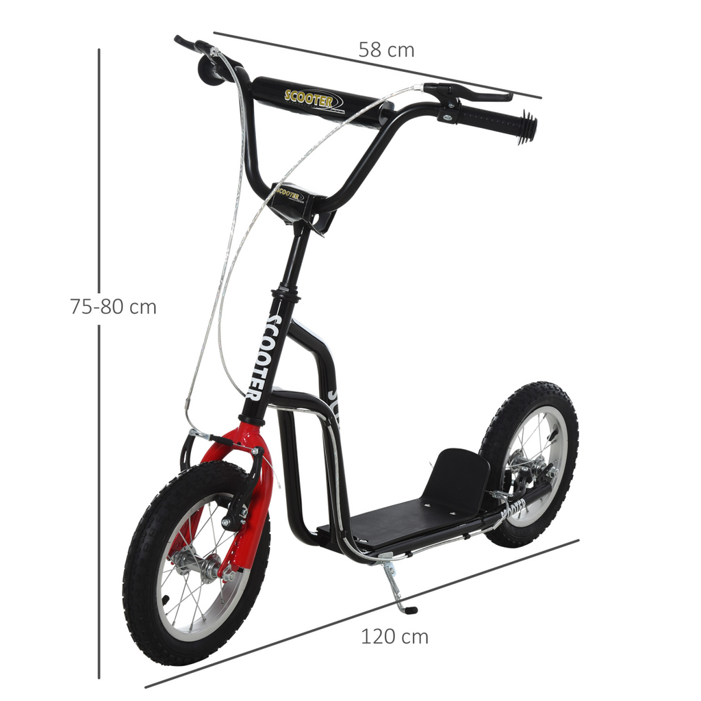 Kids kick scooter with adjustable handlebar, inflatable wheels, and black frame, designed for ages 5 and up.