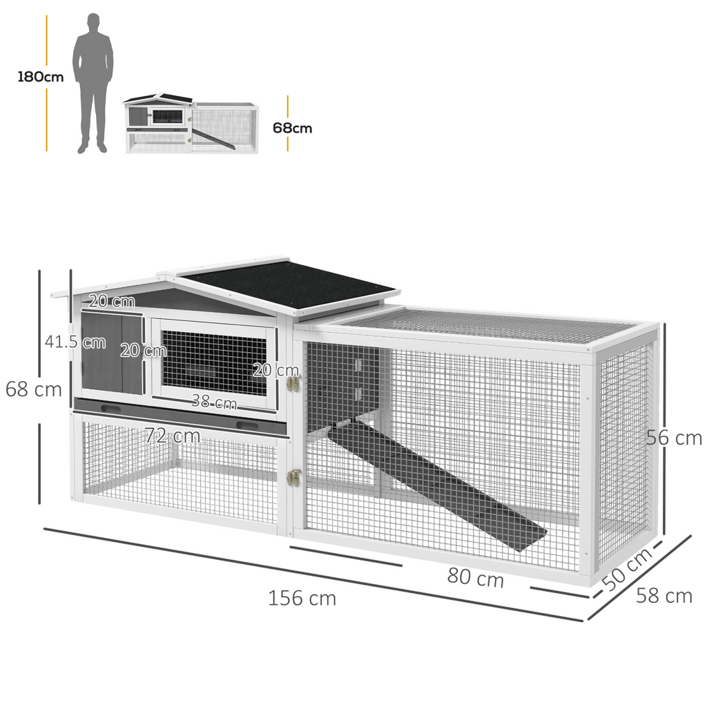 PawHut Rabbit Hutch and Run Outdoor w/ Sliding Tray Hay Rack Ramp, 156x58x68cm