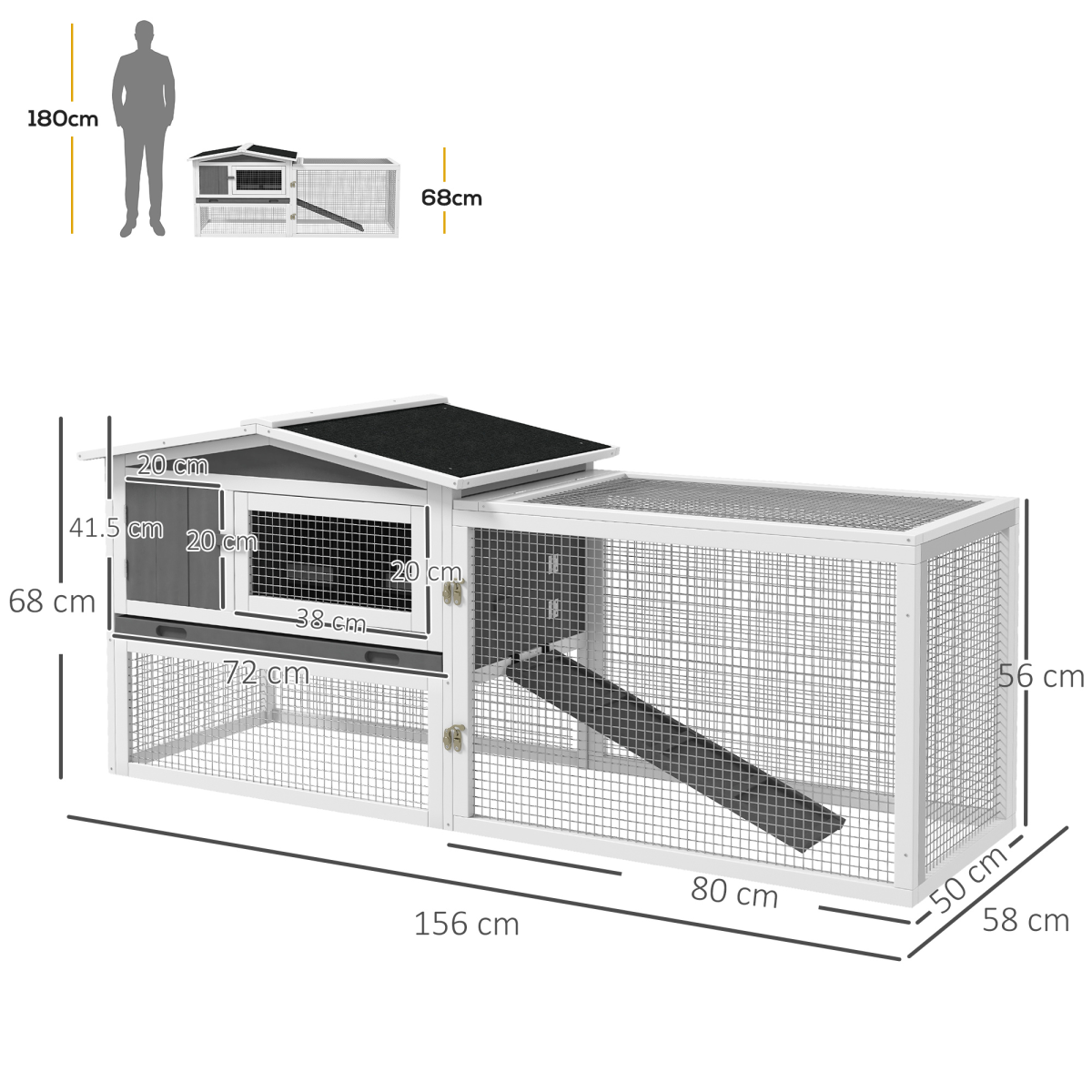 PawHut Rabbit Hutch and Run Outdoor w/ Sliding Tray Hay Rack Ramp, 156x58x68cm