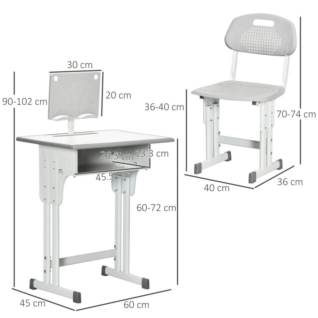 Adjustable grey kids desk and chair set by FunZone, suitable for ages 6-12, featuring a book stand.