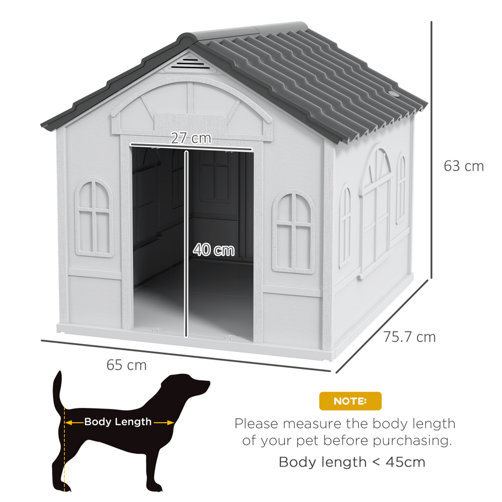 PawHut grey weather-resistant dog house, ideal shelter for medium dogs, featuring a sturdy design and spacious entrance.