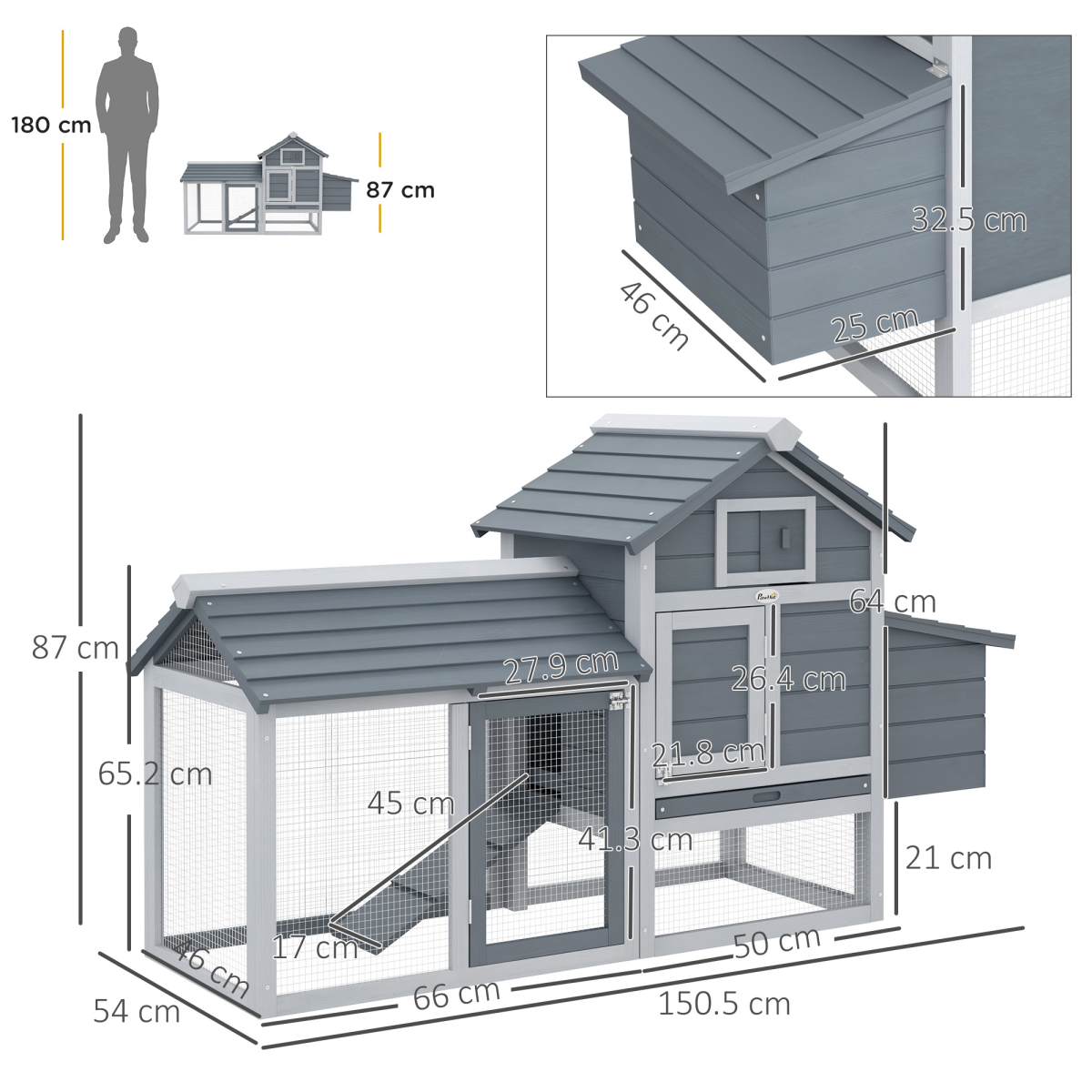 Small grey chicken coop with outdoor run and nesting box, Pawhut brand, measuring 150.5 x 54 x 87 cm.