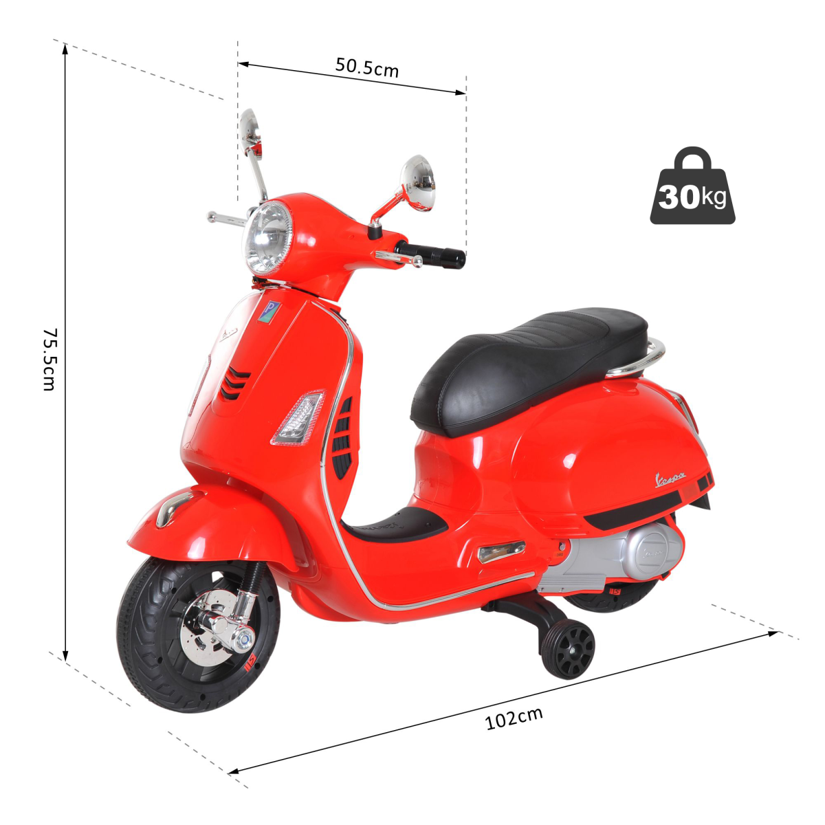 Kids ride-on HOMCOM Vespa motorcycle with LED lights and music, designed for boys and girls, showcasing vibrant colors.