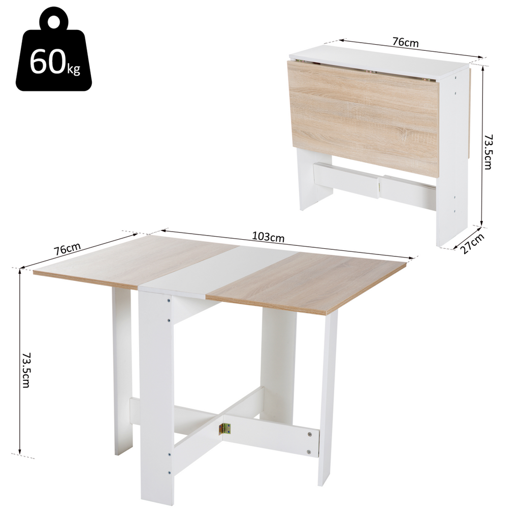HOMCOM oak white drop leaf folding table, space-saving design, seats 6, showcasing its multifunctional features.