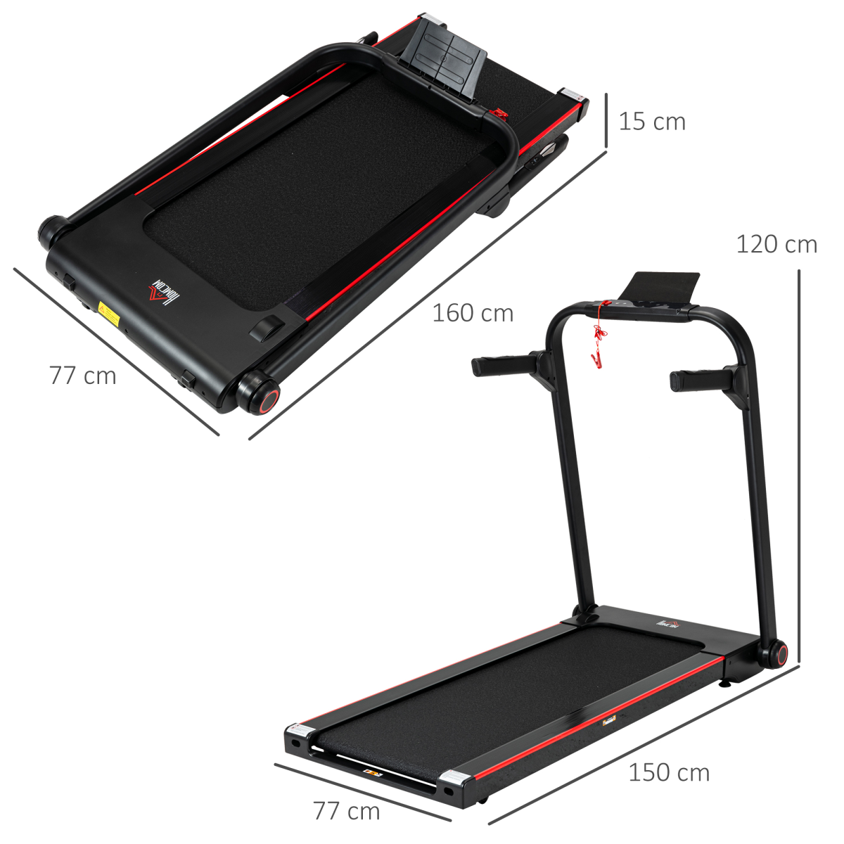 HOMCOM Electric Folding Treadmill with safety button, LED monitor, and wheels for easy transport in a home gym setting.