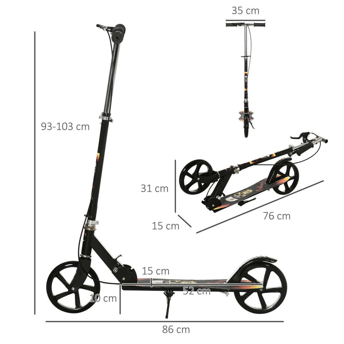 HOMCOM FunZone foldable kick scooter for kids, featuring adjustable height, brakes, and large wheels for smooth rides.