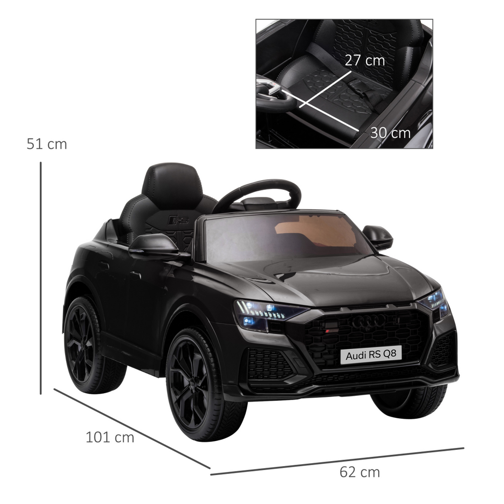 Black Audi RS Q8 kids electric ride-on car toy with remote, USB, MP3, and Bluetooth, shown from the side.