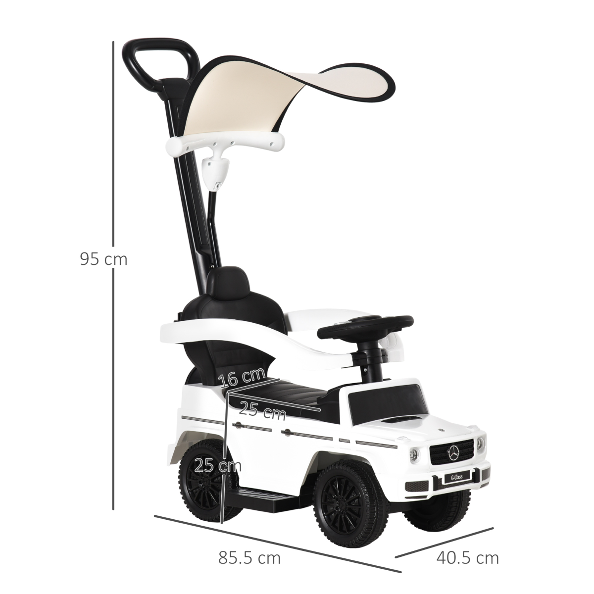 Licensed Mercedes Benz G350 ride-on push car in white with sun canopy for toddlers aged 12-36 months.