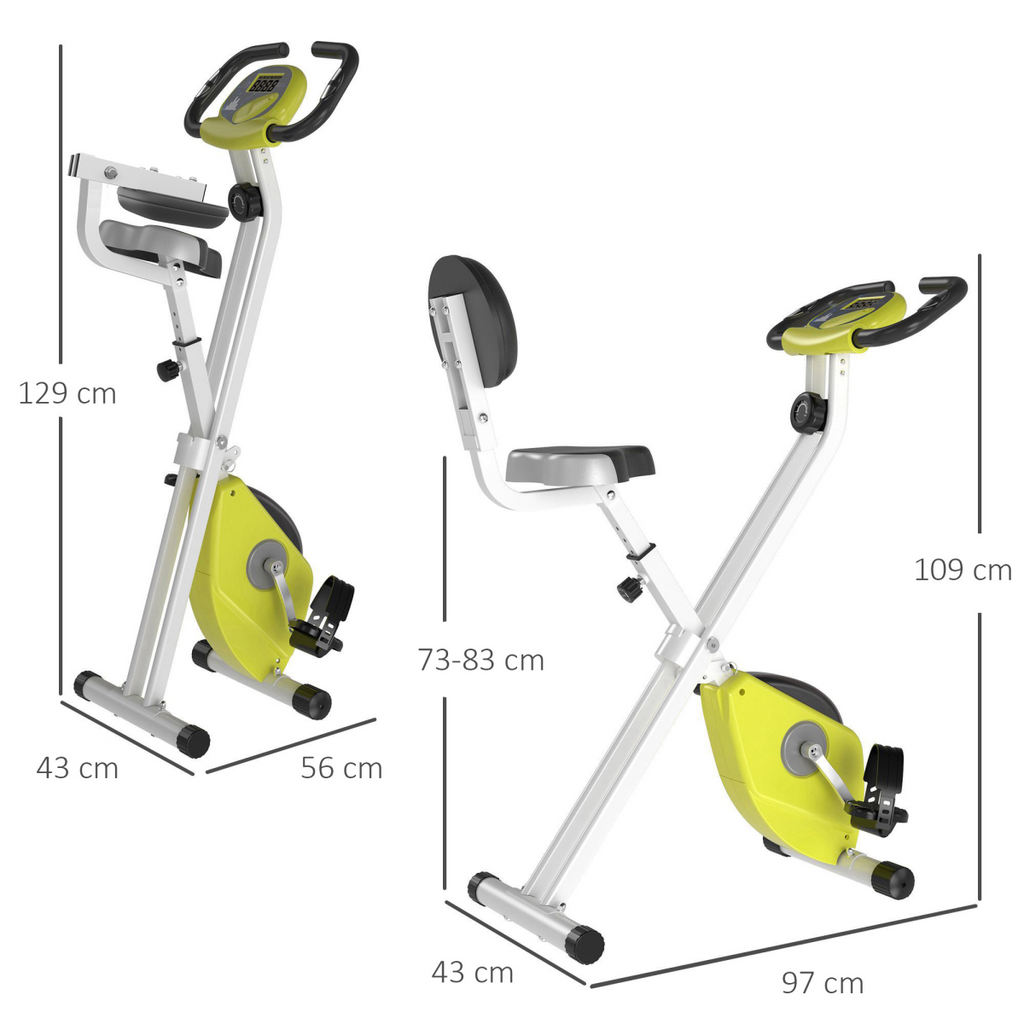 Foldable HOMCOM magnetic resistance exercise bike in yellow with LCD display and adjustable seat.