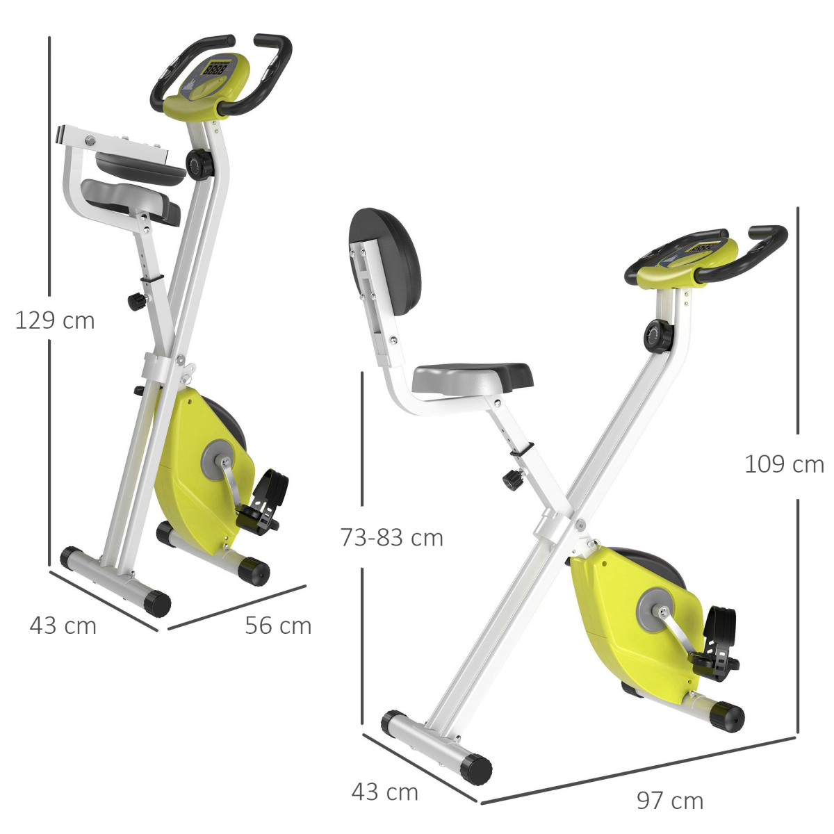 Foldable HOMCOM magnetic resistance exercise bike in yellow with LCD display and adjustable seat.
