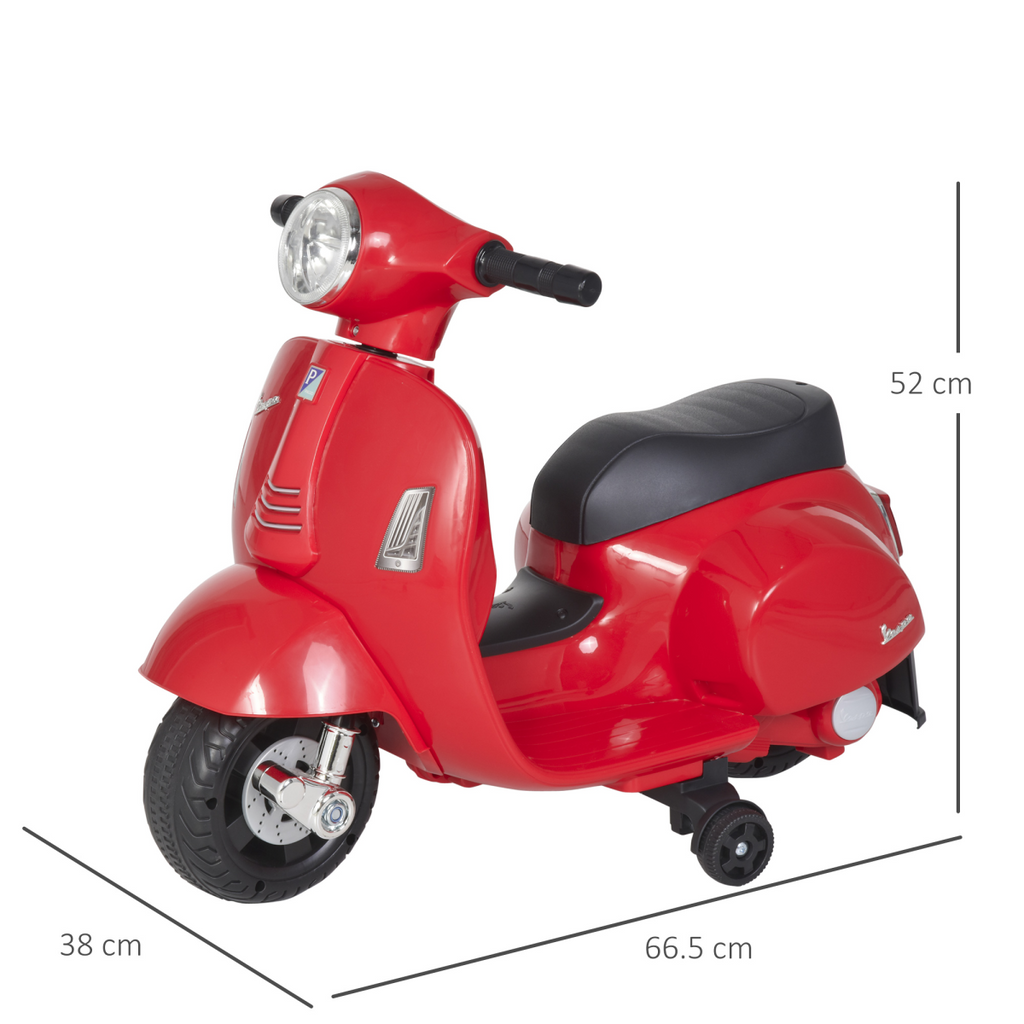 Kids ride-on motorcycle by FunZone, featuring Vespa design, battery powered, with a sleek, colorful look and adjustable seat.