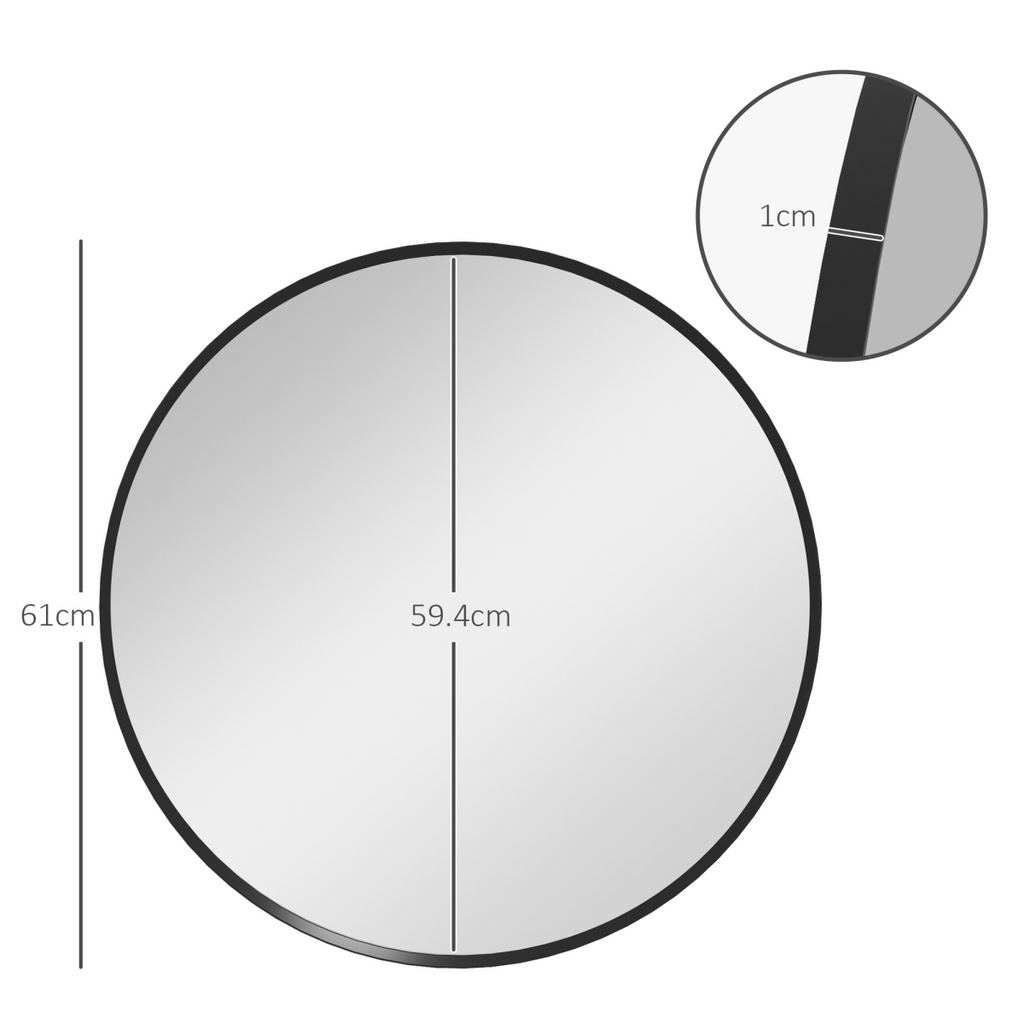 61cm Round Wall Mirror with Black Frame - Modern Circle Mirror for Any Room