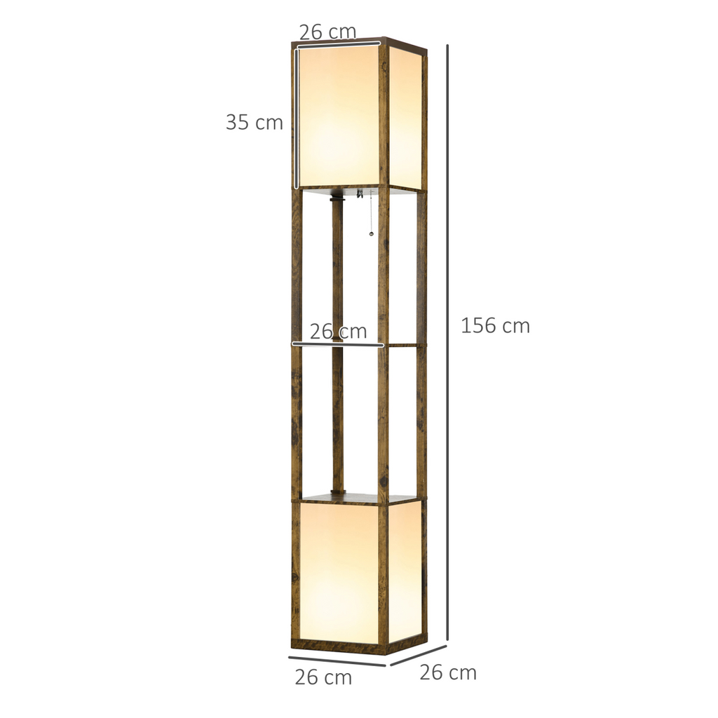 HOMCOM brown shelf floor lamp with dual lights and two display shelves in a stylish living room setting.